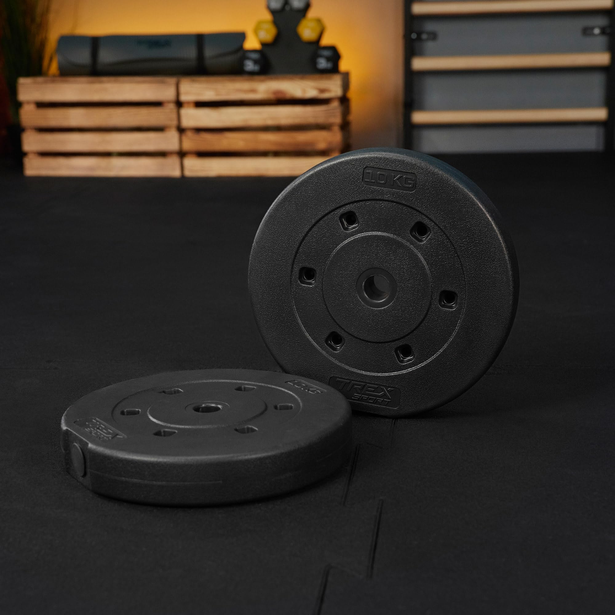 TREX SPORT Hantelscheiben Set 20 kg | Kunststoff Gewichte 2x10 kg 27 mm | Abgeschrägte Kante, Sand-Zement-Füllung, für Langhantel, Gewichtsscheiben für Krafttraining und Fitness zuhause