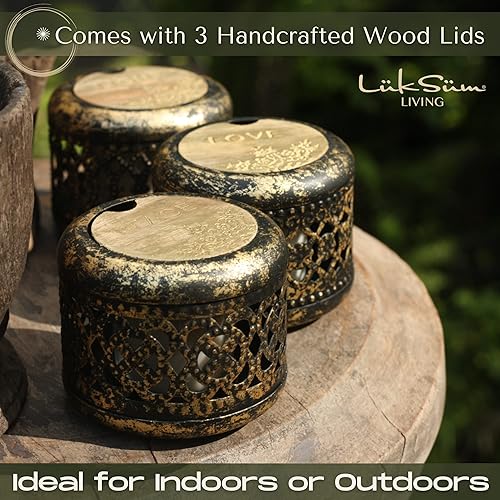 Miniatura 3 de Juego de 3 velas de regalo en negro ébano y oro cepillado. Portavelas pequeños con 3 velas de té de cera de soja en vidrio, 3 patrones únicos