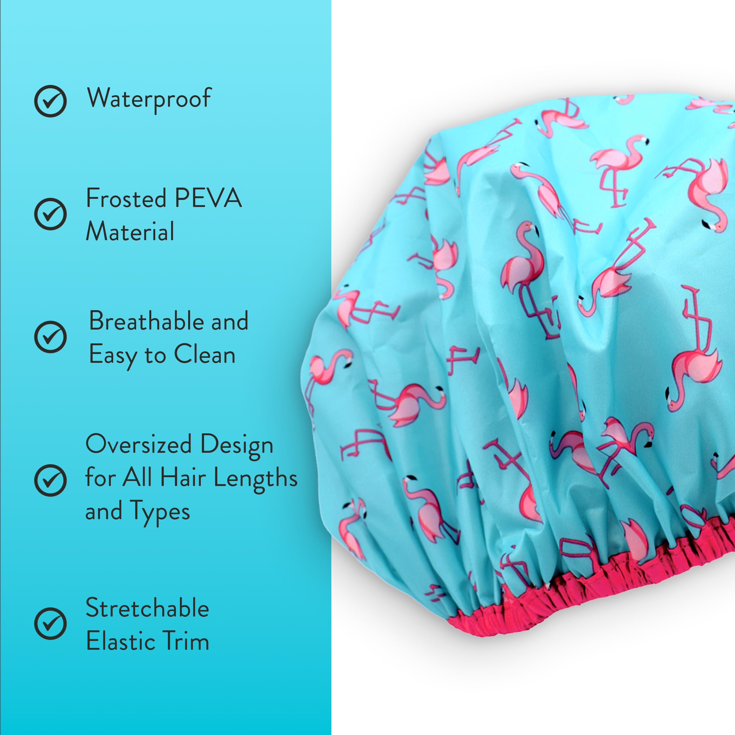 Reusable Shower Cap & Bath Cap & Lined, Oversized Waterproof Shower Caps Large Designed for all Hair Lengths with PEVA Lining & Elastic Band Stretch Hem Hair Hat - Fashionista Flamingo Party