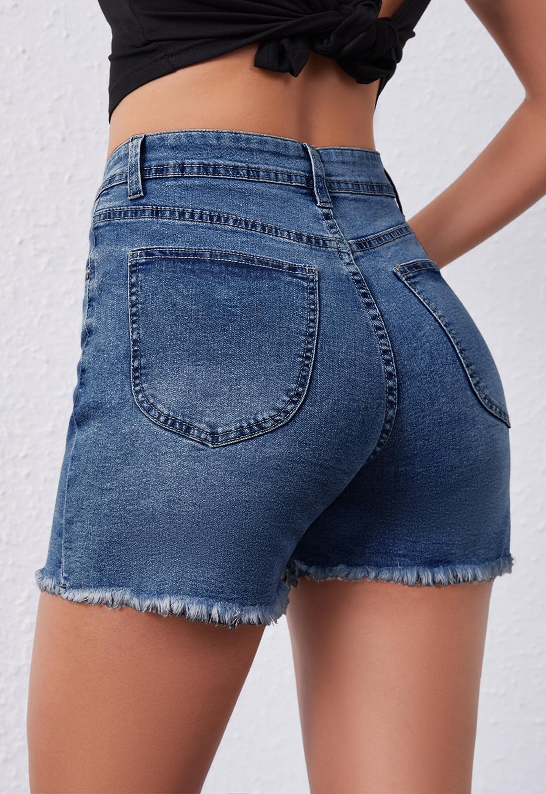 Alaster Queen Pantaloncini da donna elasticizzati in denim, con orlo Raw