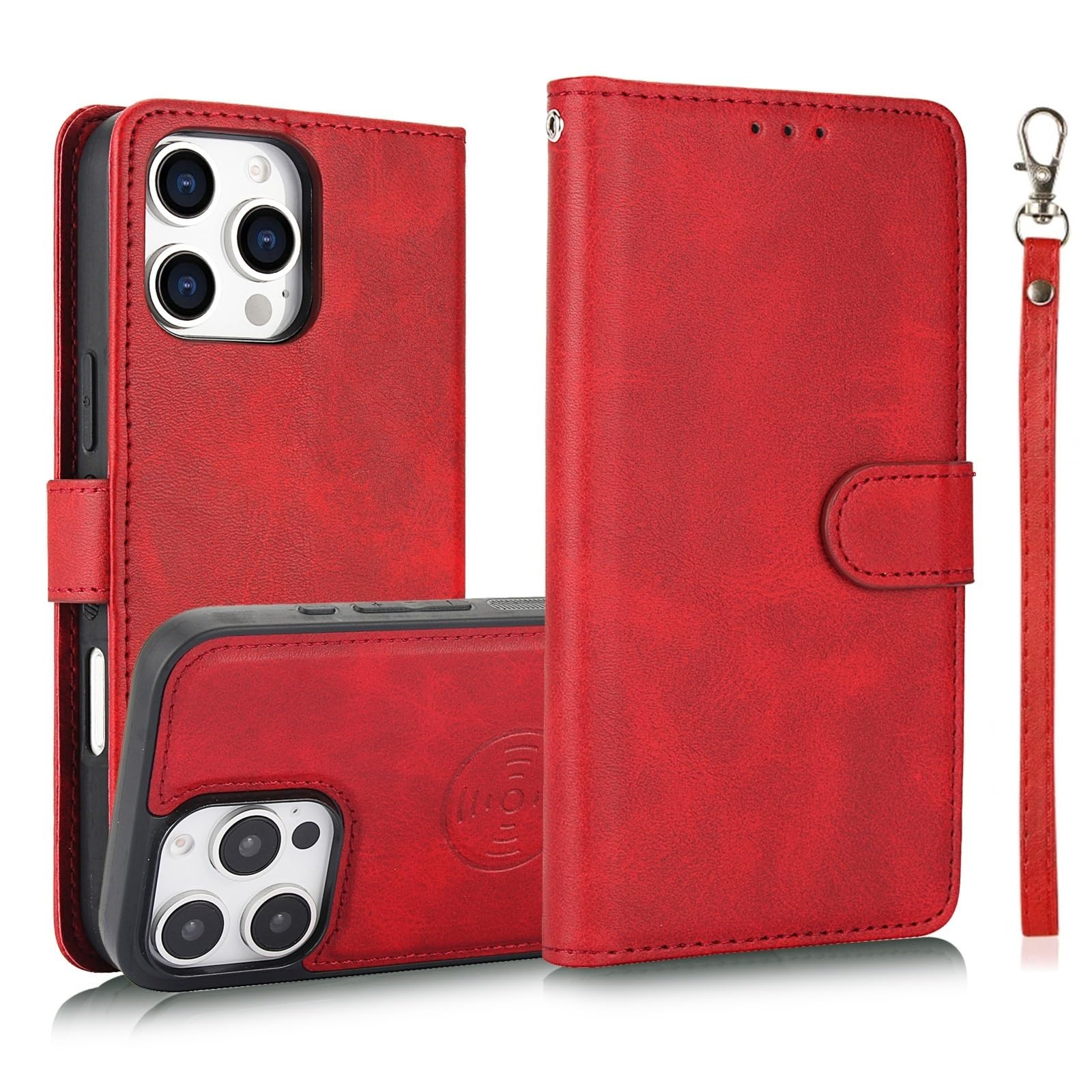 Coque iPhone 16 Plus avec support amovible et étui portefeuille rouge - 5