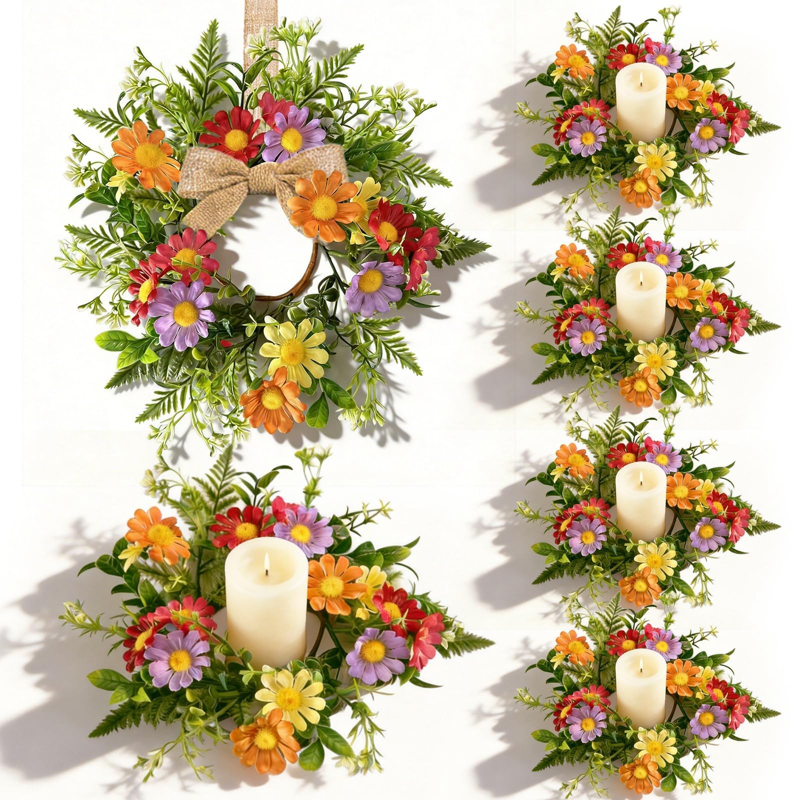 Photo 1 of **blue**6 Pcs Small Blue Daisy Flower Candle Rings Wreaths Mini Pillar Candle Holder Wreath with White Floral Eucalyptus Leaves Lavender Artificial Spring Grains Wreath for Home Kitchen Table Cnterpieces