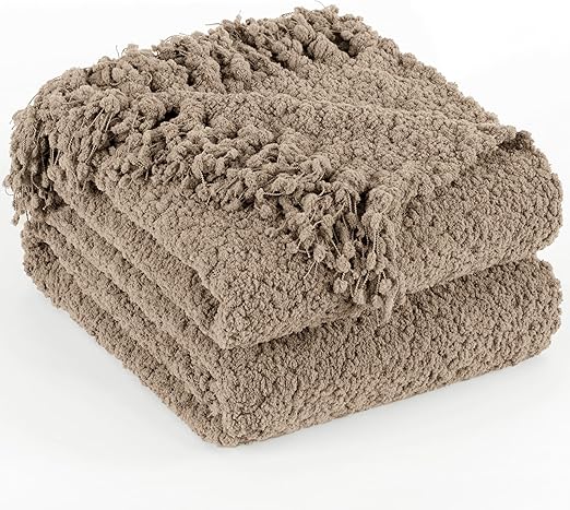Throw Blanket for Couch, Taupe Tan Luxury Knitted Throws 50"x60", Textured Blankets with Handmade Fringe Tassels for Bed Sofa Decorative, Chunky Soft Farmhouse Boho Home Decor