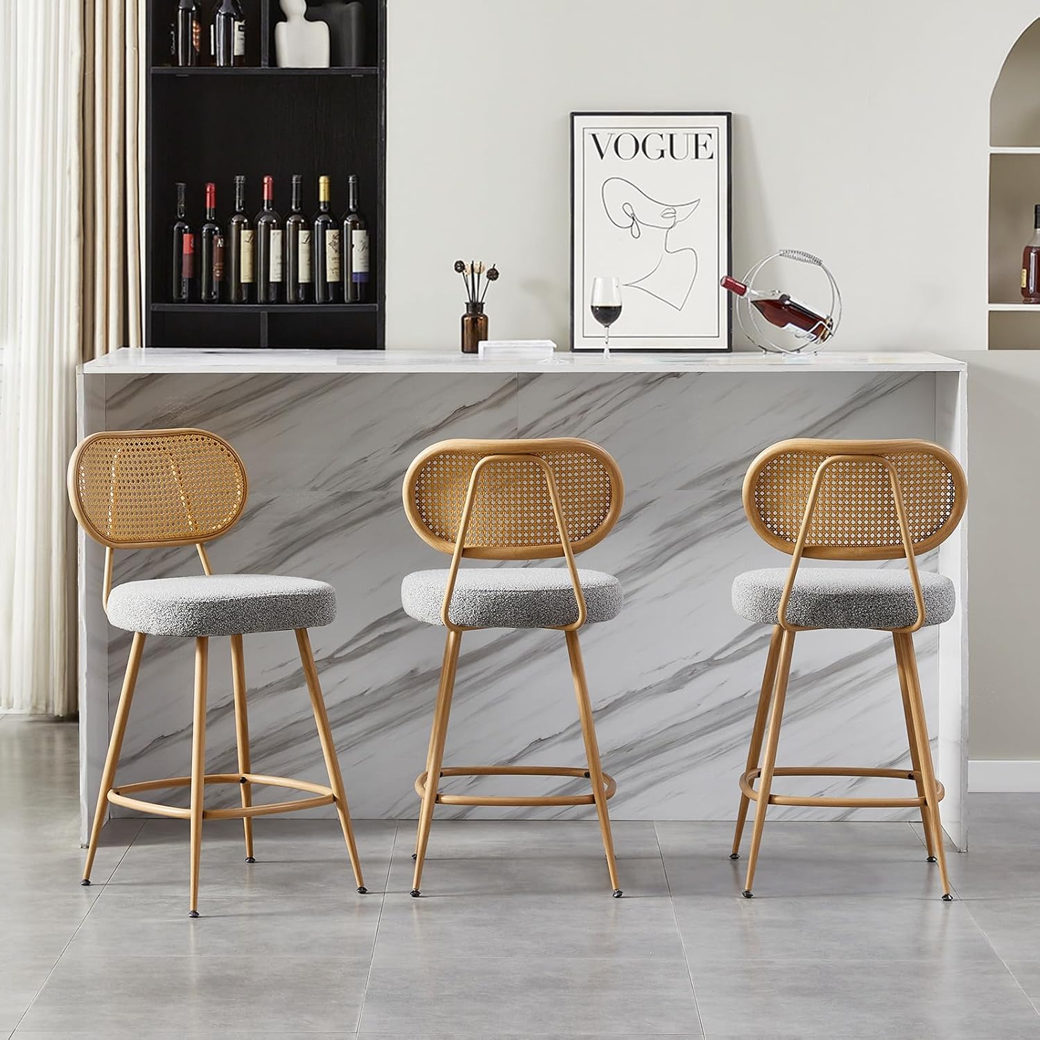 26" Rattan Barstools Set of 3, Counter Height Bar Chair with Wooden Metal Legs, Modern Armless Sherpa Pub Chair, Adjustable Feetpads Stools for Home Counter, Kitchen Dining Island, Cafe(Grey)