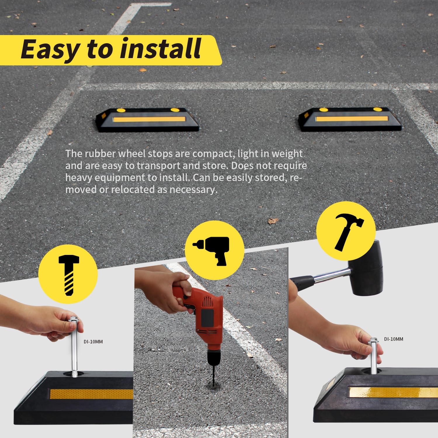 MaxxHaul 50135 2-Pack Commercial Grade Rubber Curb Parking Blocks with Yellow Reflective Strips Wheel Stops for Cars, Vans, RV's Trailers, Trucks & More