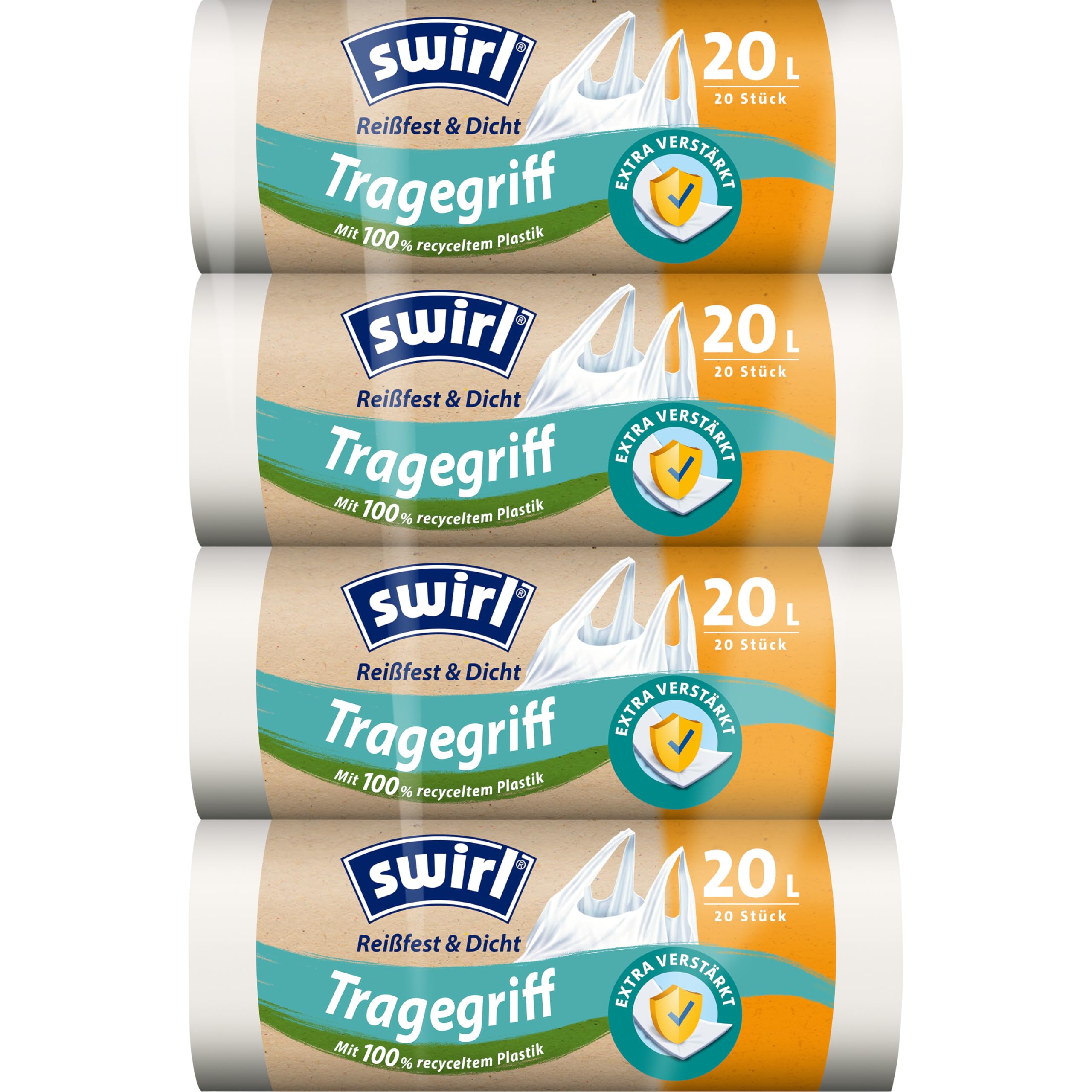 Swirl Reißfest & Dicht Tragegriff Müllbeutel 20 l (4 x 20 Beutel), tropfsichere Müllsäcke für den Hausmüll, reißfeste Mülltüten mit praktischem Tragegriff
