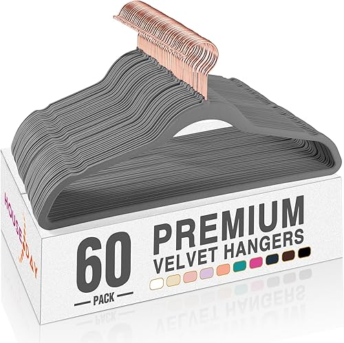 HOUSE DAY Perchas de terciopelo gris, paquete de 60 perchas de ropa de alta calidad, perchas de fieltro antideslizantes, perchas grises resistentes,
