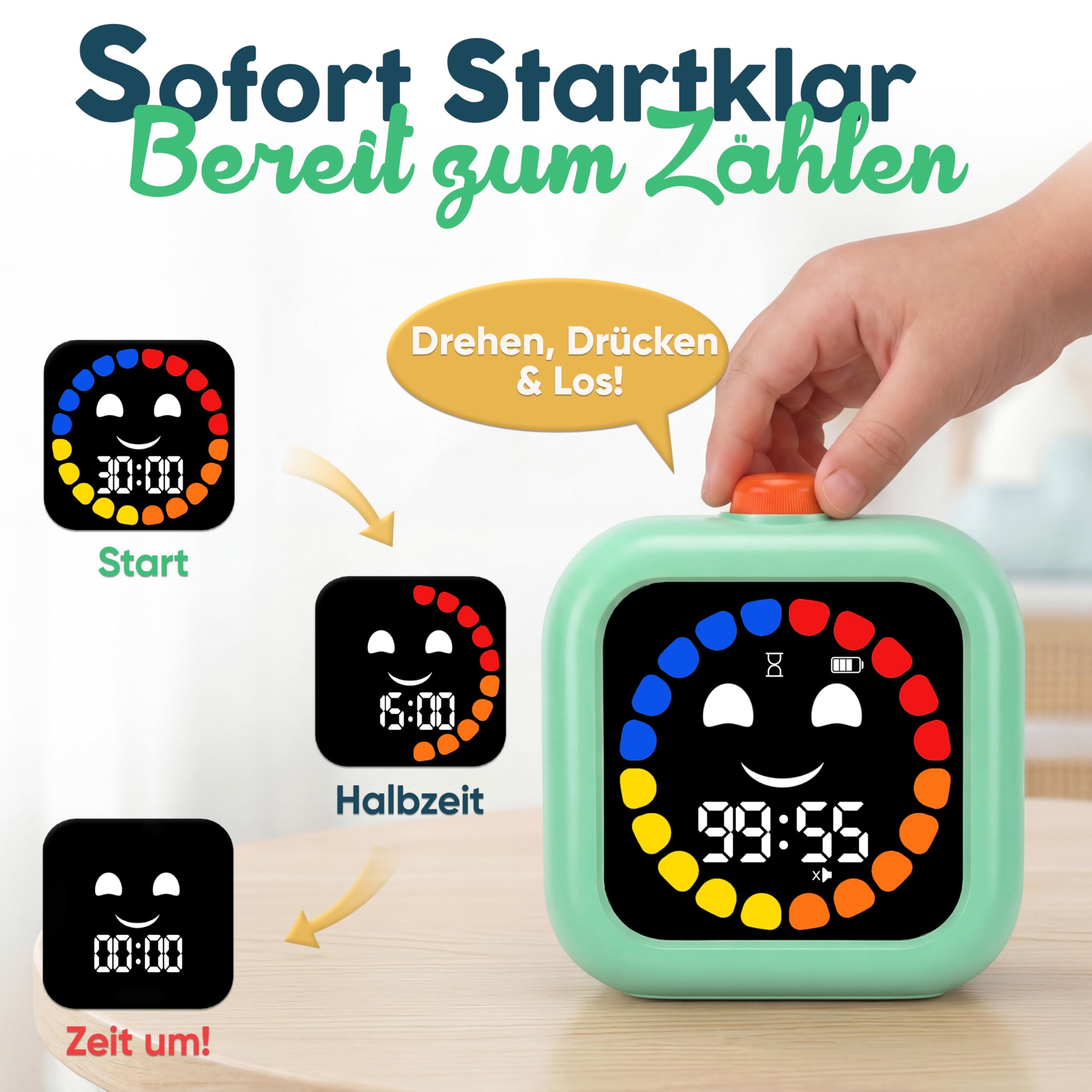 Digitaler Visueller Timer für Kinder - Wiederaufladbar, Geräuschlos 99-Minuten-Kinder-Timer für Schule, Zuhause und Therapie - Fördert Konzentration und Selbstständigkeit