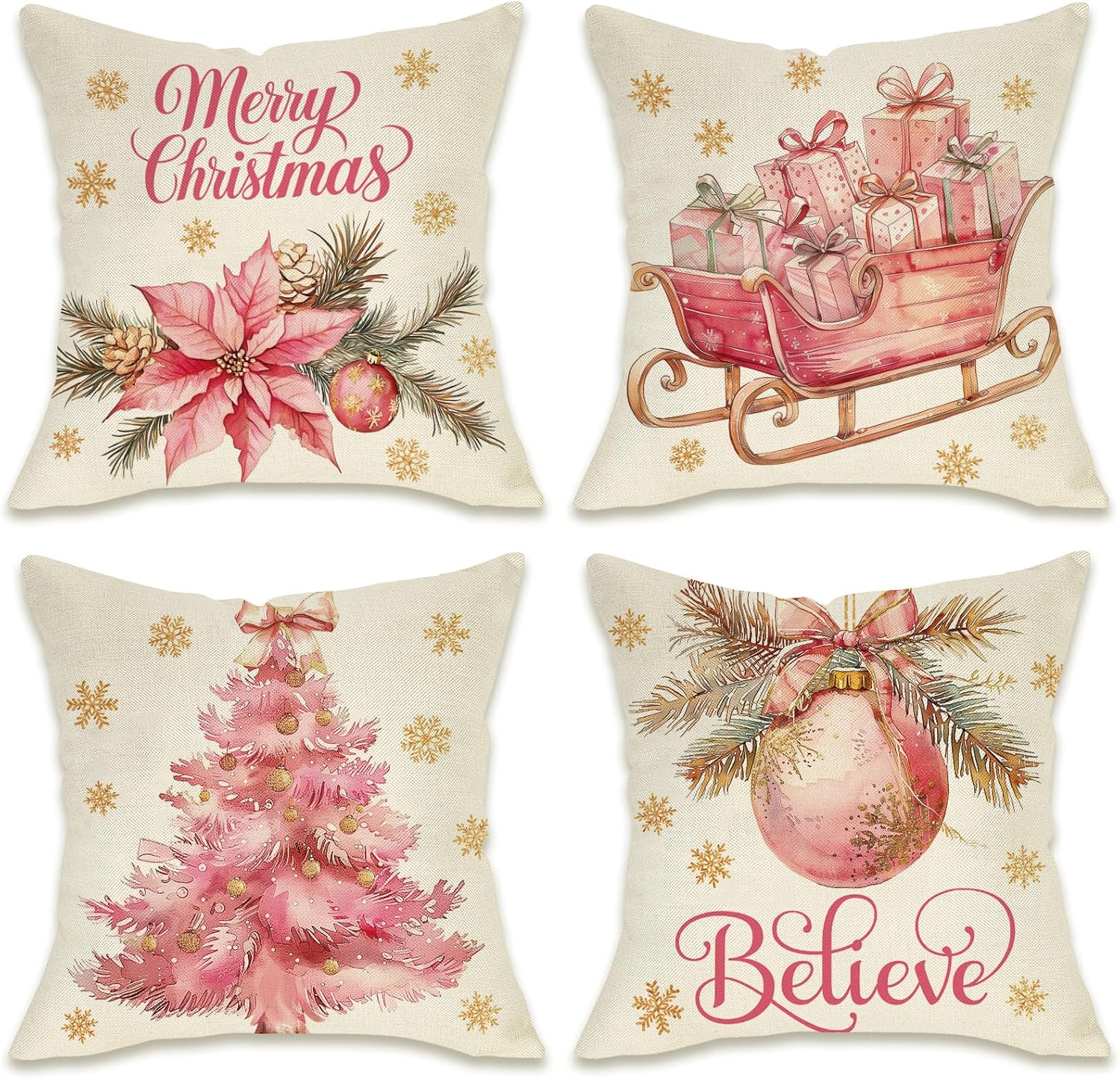 Fahrendom Merry Christmas Pink Decorative Throw Pillow Covers 18 x 18 Set of 4, Xmas Tree Poinsettia Sleigh Ball Bright Outdoor Pillowcase, Winter Sofa Couch Cushion Case Home Decor