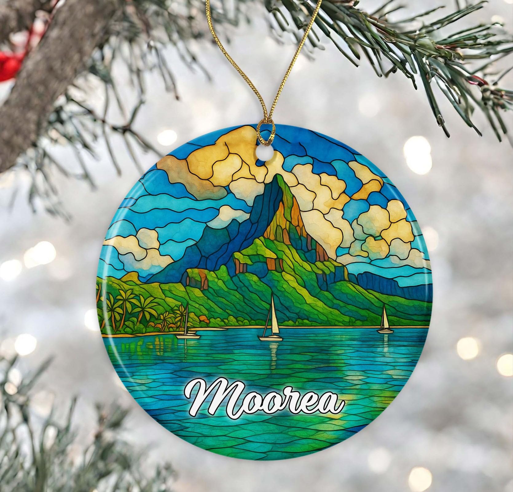 Moorea Christmas Ornament - Podróżny prezent Moorea - Ceramiczna pamiątka w stylu witrażu - Prezent podróżny do dekoracji drzewa, nadruk po obu stronach