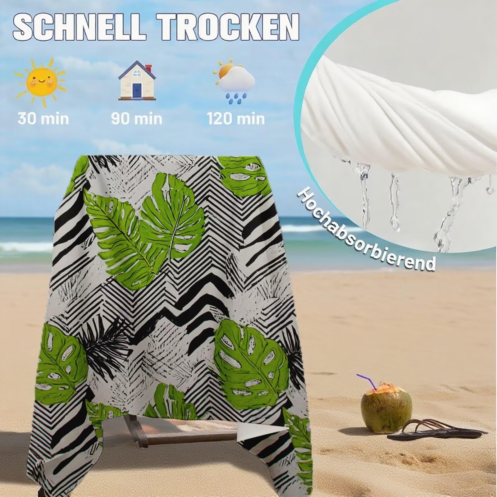 Serviette Plage Bande Motif, Serviette de Plage XXL 90x180 cm avec Sac, Serviettes de Bain Microfibre Séchage Rapide Anti-Sable Absorbante Fonction pour Bain, Sport, Voyages, Sauna, Piscine Q-748