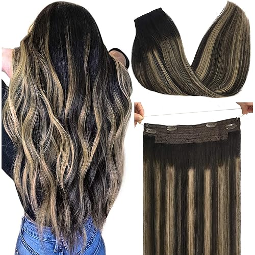 GOO GOO Hair Extensions Human Hair Natural Black to Light Blonde, 95g Wire Hair Extensions 18 Inch Straight Real Human Hair Extensions Wire Hair Extensions with Transparent Line Hairpiece