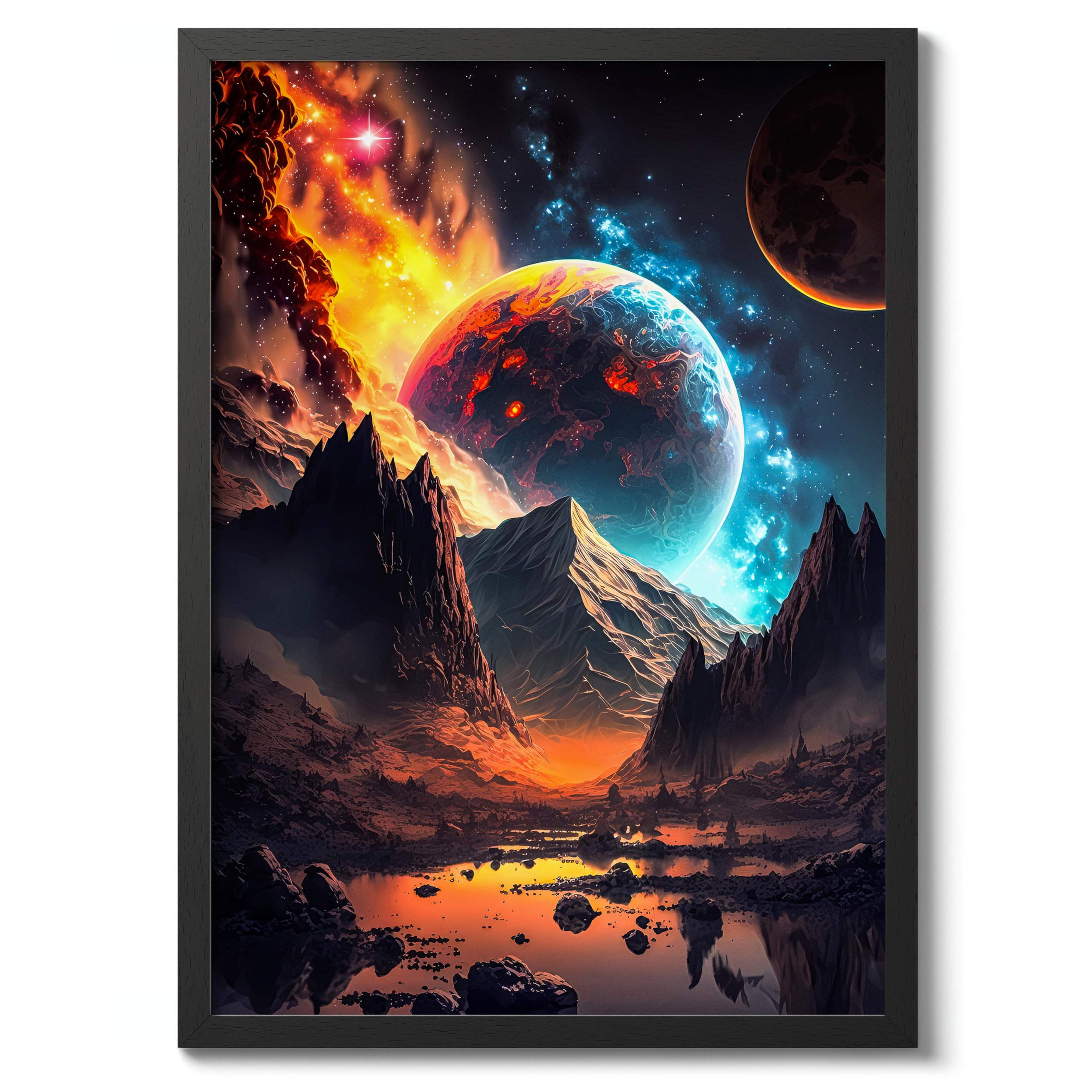 Cosmic Landscape Space Poster, Colourful Abstract Astronomy Wall Art Home Decor, Astronaut Planets Print, Archival Matte, A4 (Black Frame) - 29.7x21cm — image 1