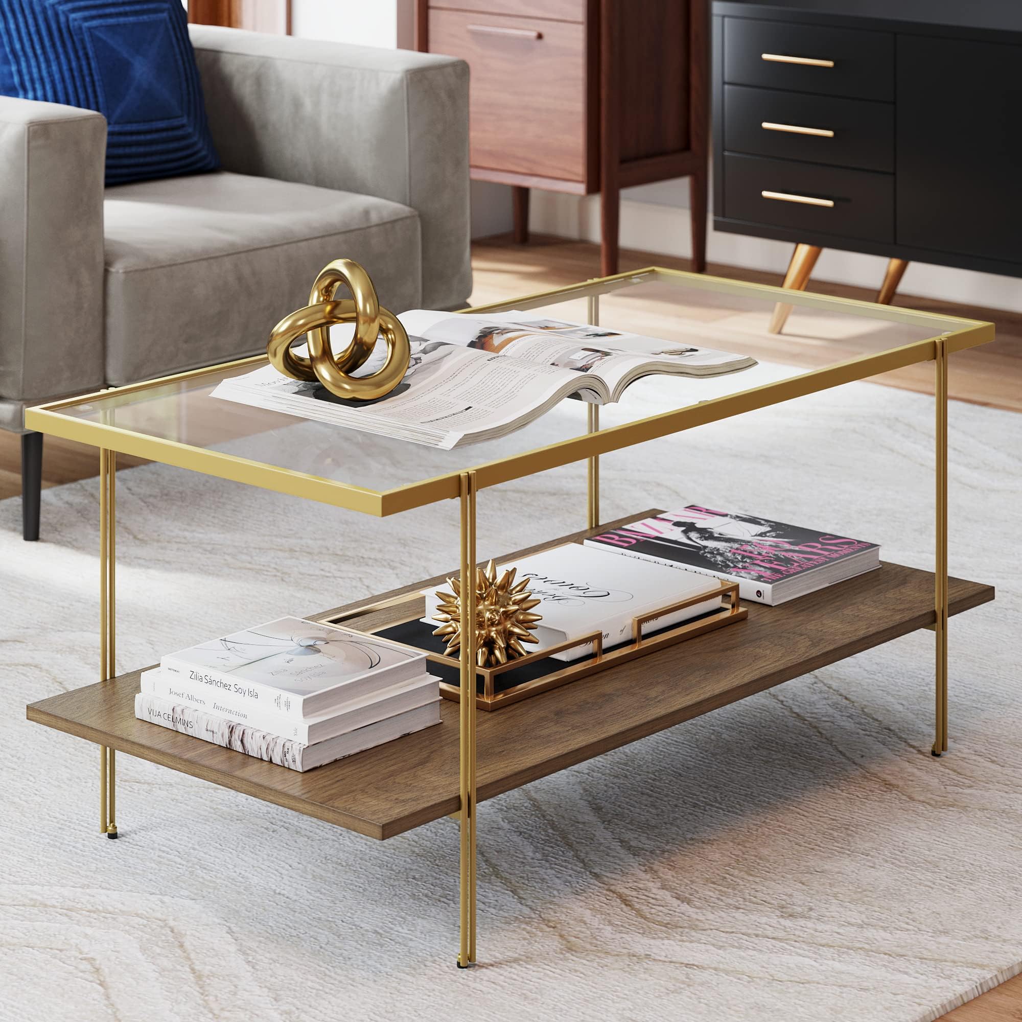 Nathan James Gold Asher Mid-Century Rectangle Coffee Table Glass Top