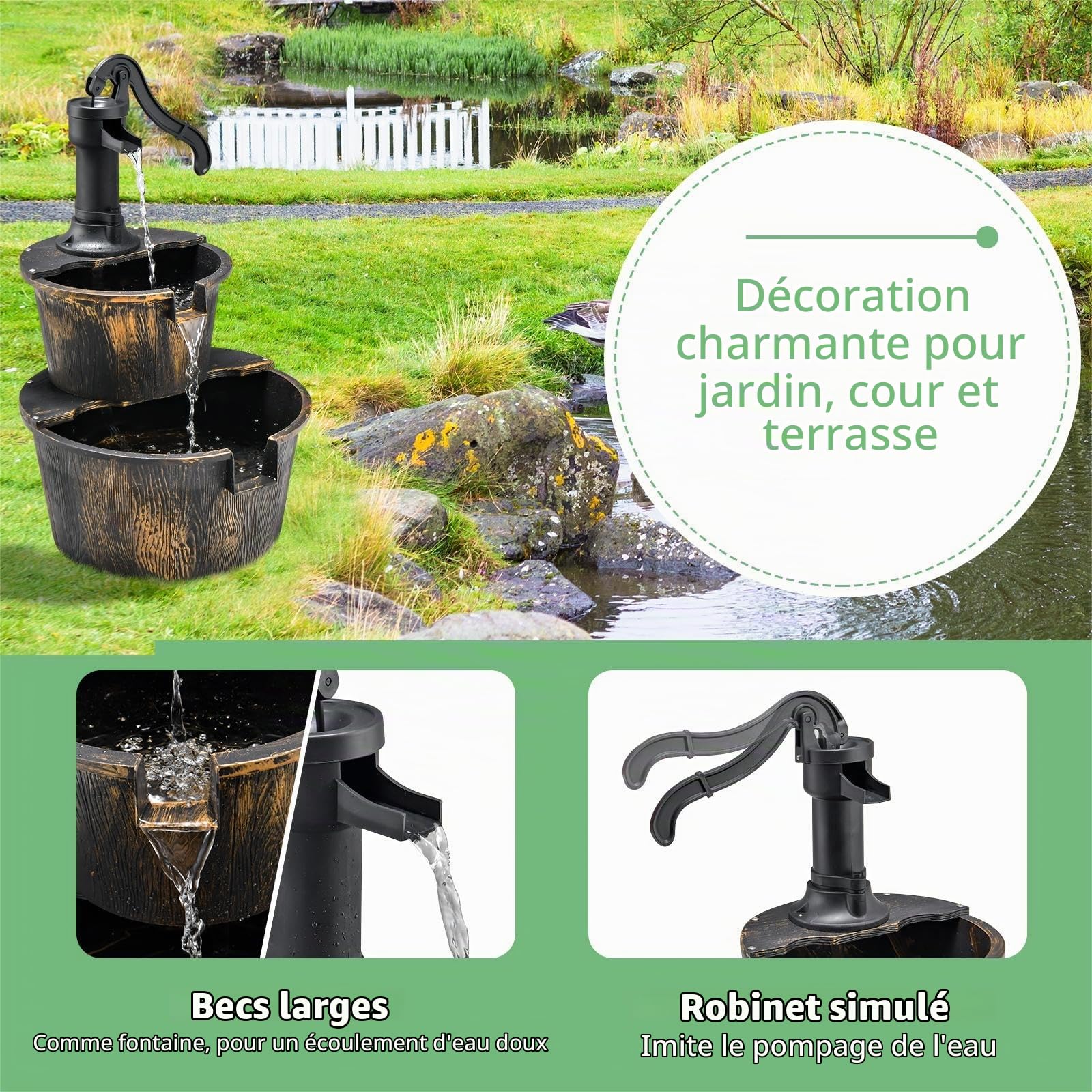 SOARS Fontaine de Jardin à 2 Niveaux, avec Pompe à Eau & Débit d'eau Réglable, Fontaine à Eau Design en PP, Fontaine d'Intérieur, Décoration de Jardin pour Extérieur Balcon Terrasse (Bronze)
