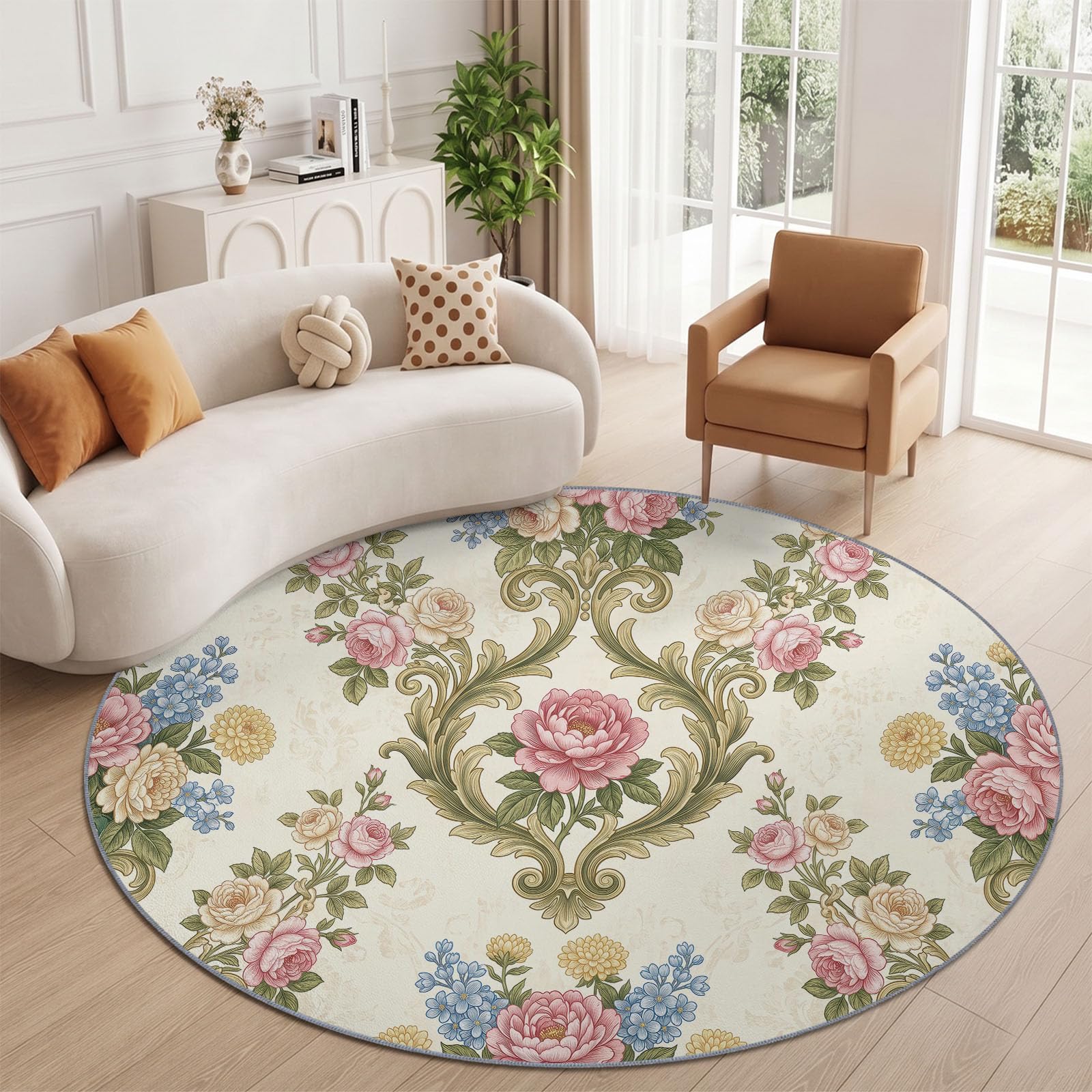Teppich Rund 100 cm Vintage Französisch, Beige Waschbarer Teppiche