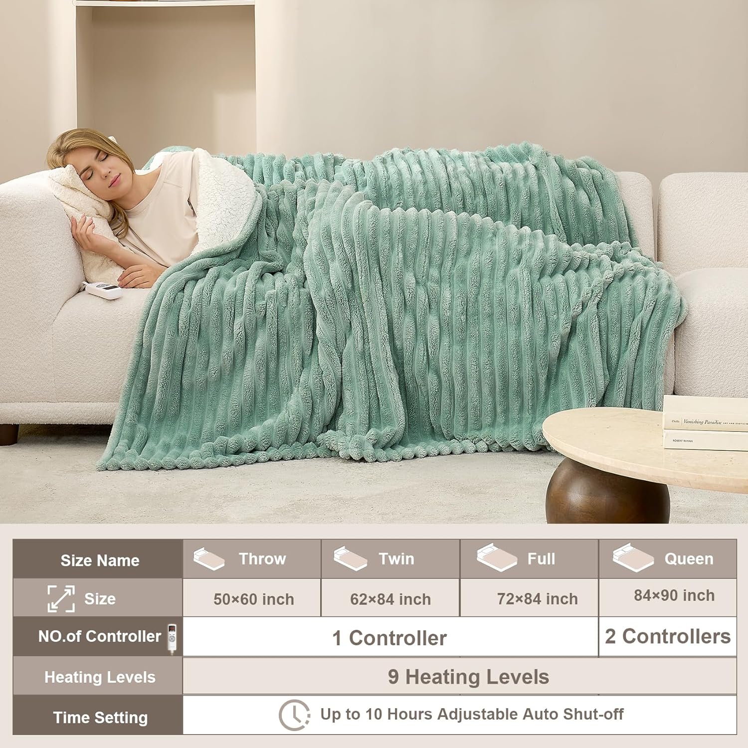 Hansleep Heated Blanket Electric Blanket Throw, Heating Blanket with 9 Heating Levels and 10-Hour Timer Auto Shut Off, Washable Soft Warm Winter Blanket, 50 x 60 Inches, Green - Image 5