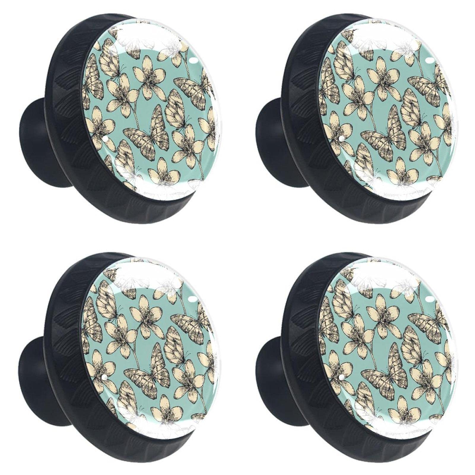 Boutons de tiroir en verre multicolores au motif vintage de papillon et fleur de lys en lot de 4