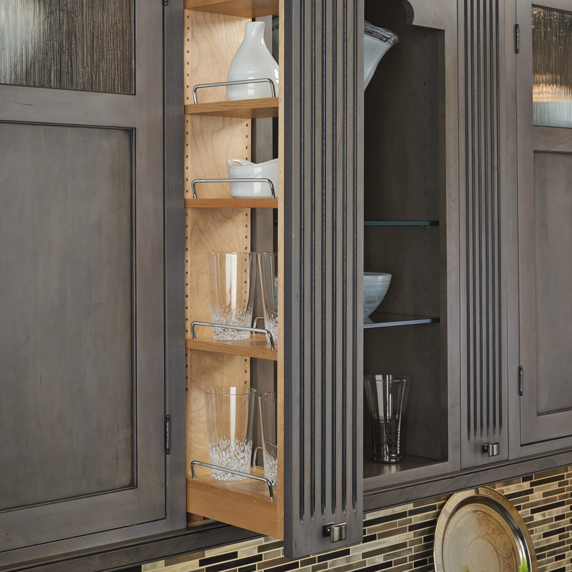 Organisateur D'étagère Coulissante Quadruple – 3x36 Pouces, Bois érable Et Acier, Pour Cuisine