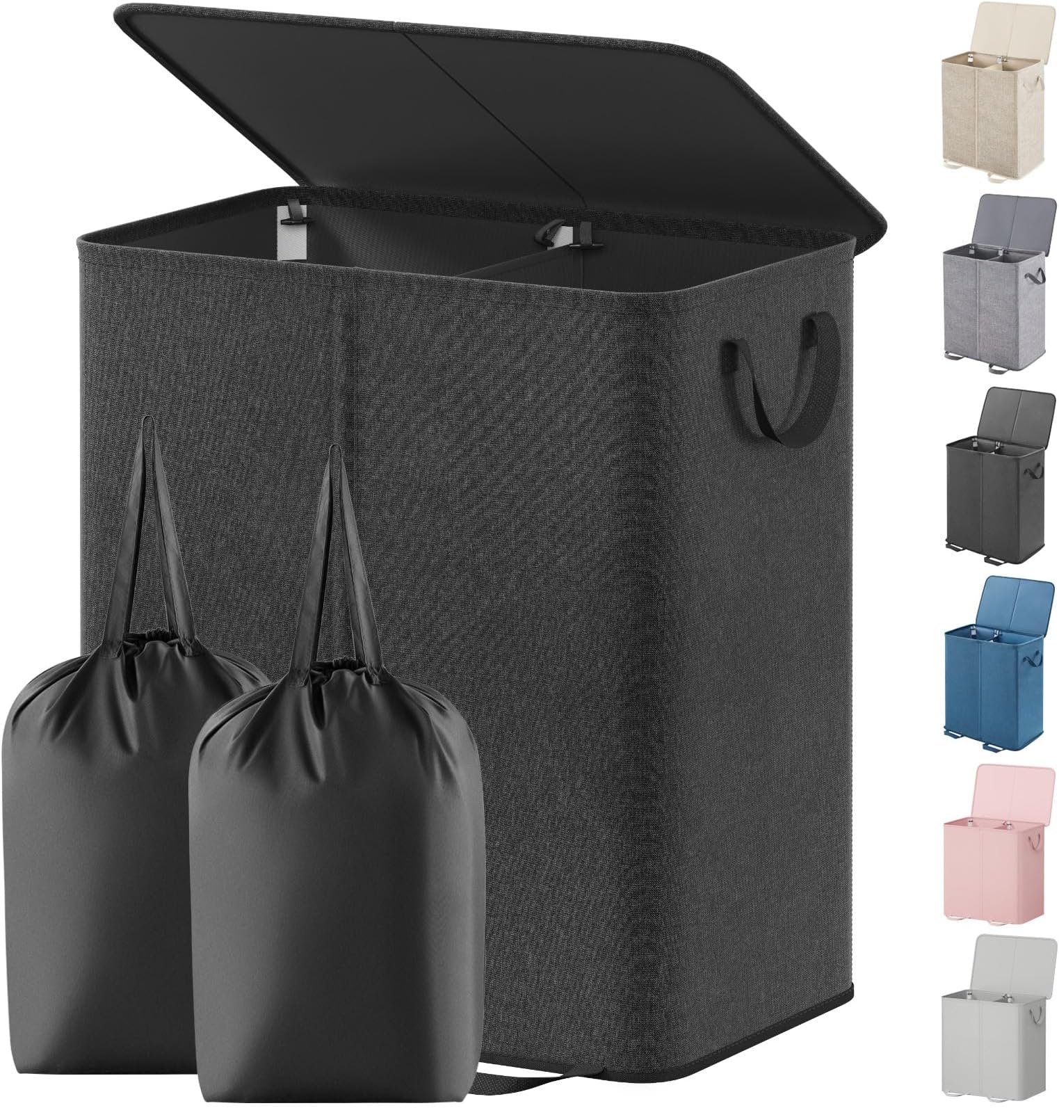 Double Laundry Hamper with Lid and Removable Laundry Bags, Large Collapsible 2 Dividers Dirty Clothes Basket with Handles for Bedroom Laundry Room Closet Bathroom College, 155L Black