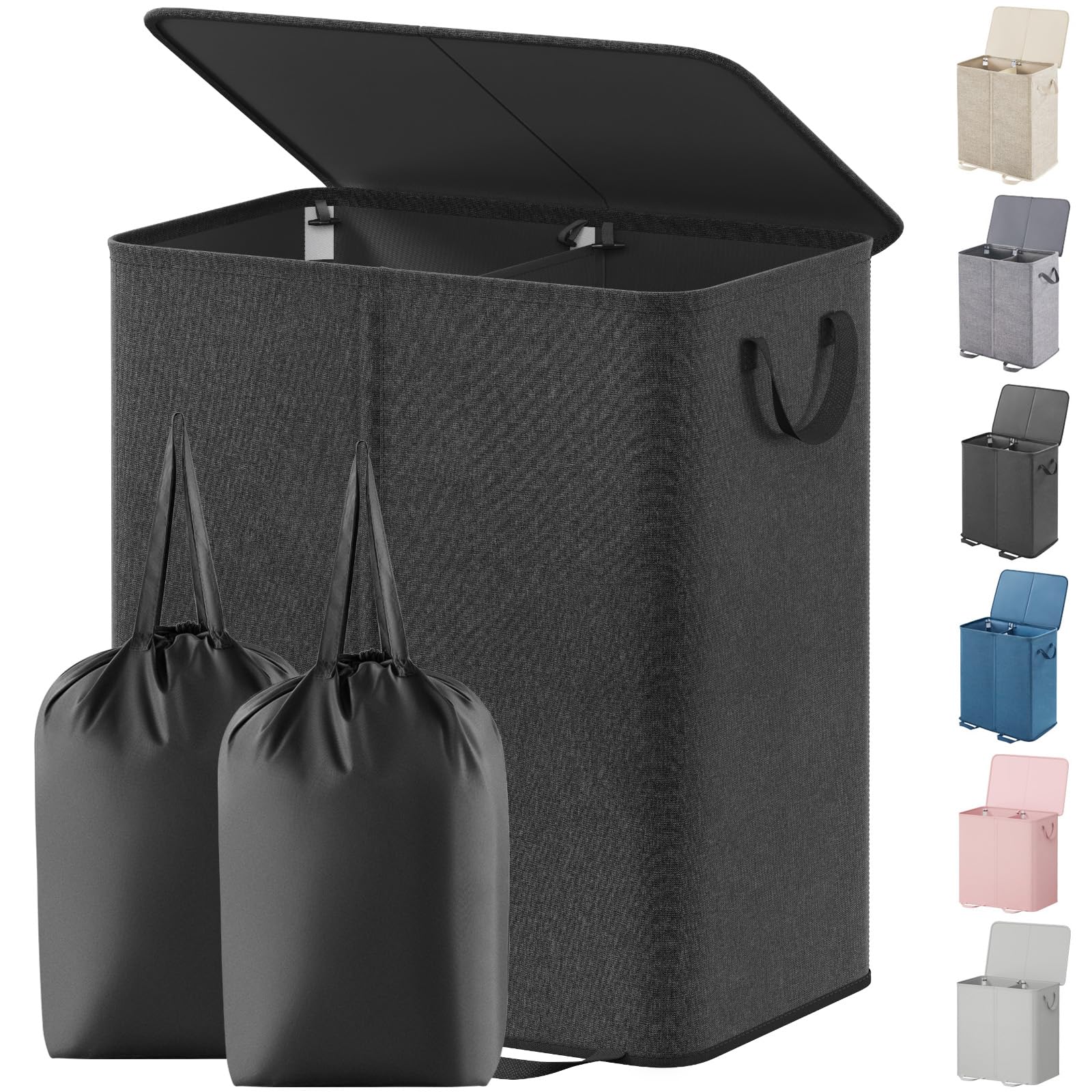 Lifewit Double Laundry Hamper with Lid and Removable Laundry Bags, Large Collapsible 2 Dividers Dirty Clothes Basket with Handles for Bedroom Laundry Room Closet Bathroom College, 155L Black