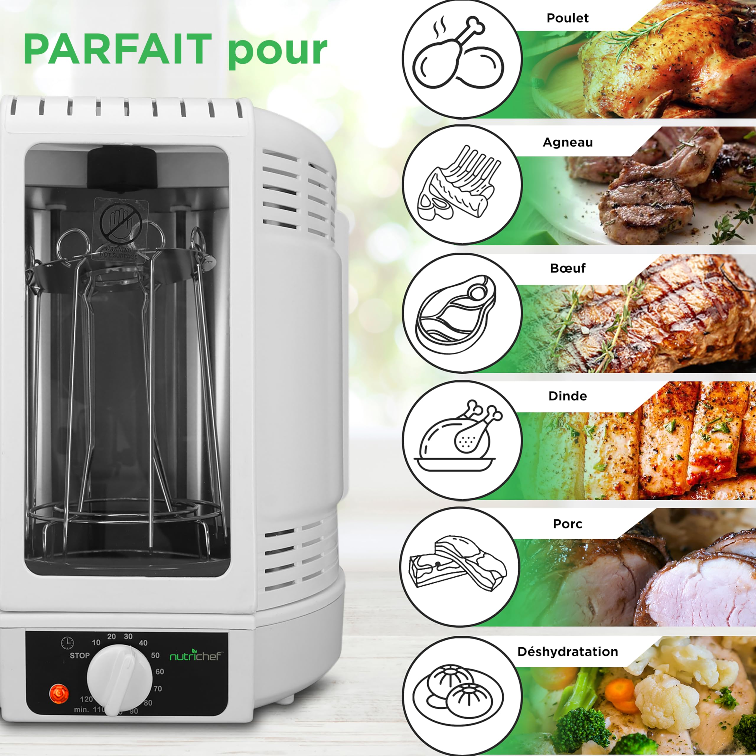 NutriChef Gril Vertical à Rôtissoire – Airfryer Électrique avec Broche Rotative | Mini-Four à Chaleur Tournante, Poulet, Viandes, Döner, Inclus Accessoires