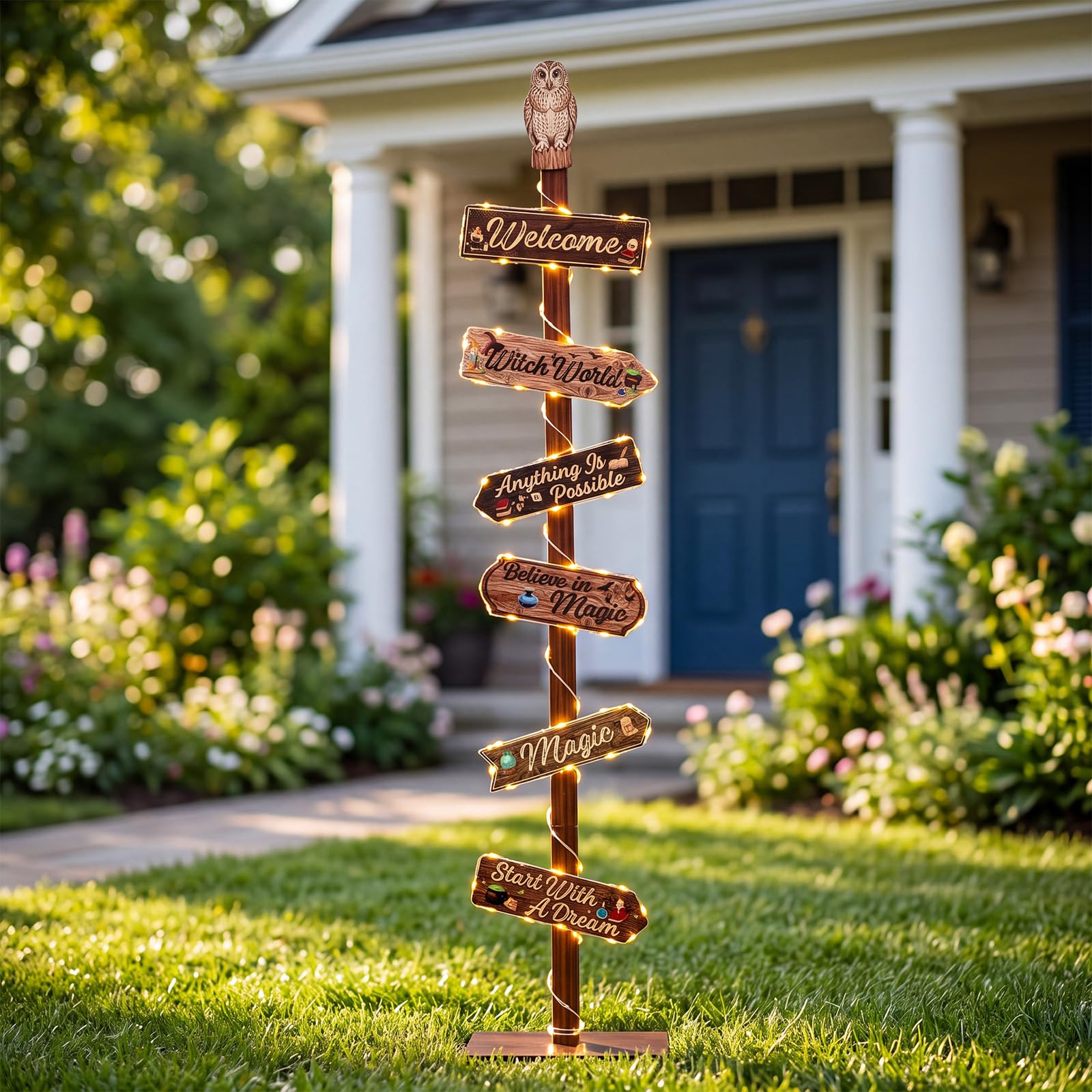 Sosation Beleuchtetes Holzschild "Zauberer Hof", 106,7 cm, mit Eule und 6