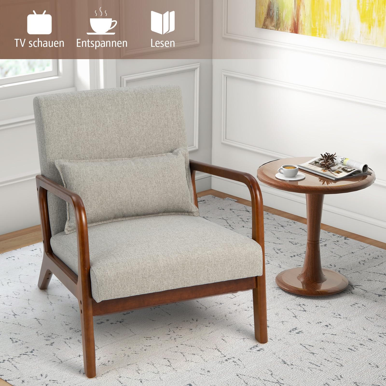 RELAX4LIFE Loungesessel Gepolstert, Akzentstuhl mit Massivholzrahmen, Relaxsessel mit Kissen Rückenlehne Armlehnen, bis 200 kg belastbar, Polstersessel für Wohnzimmer Schlafzimmer Büro (Grau)