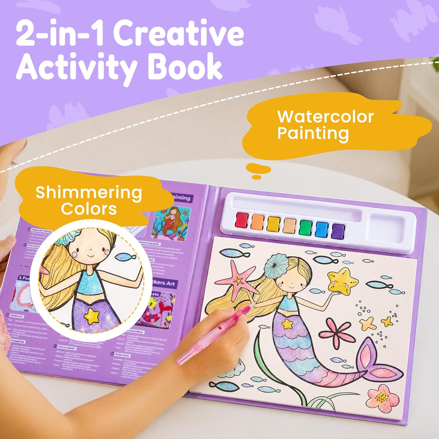 JoyCat Paint with Water Coloring Books & Creative Sticker (Ocean Princess) | Watercolor & Sticker Activity - 200 Pcs Stickers for Kids, Toddler Painting Set, Art & Craft Travel Toy Gifts for Boys Girls