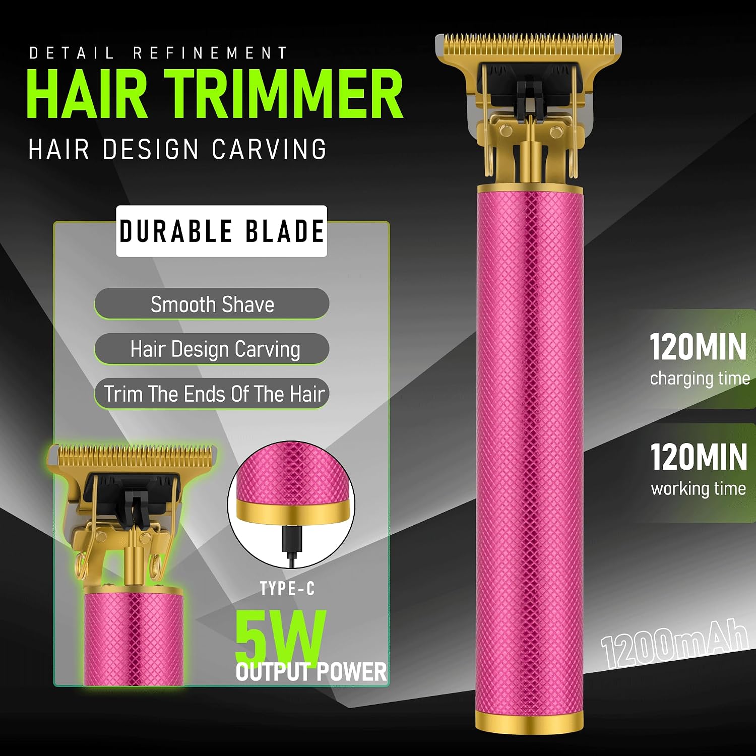 5-in-1 Professional Hair Clipper Set, Pink Gradient Transparent Cordless Hair Trimmer Kit with LED Display, Men's Beard Trimmer, Electric Shaver & Nose Hair Trimmer