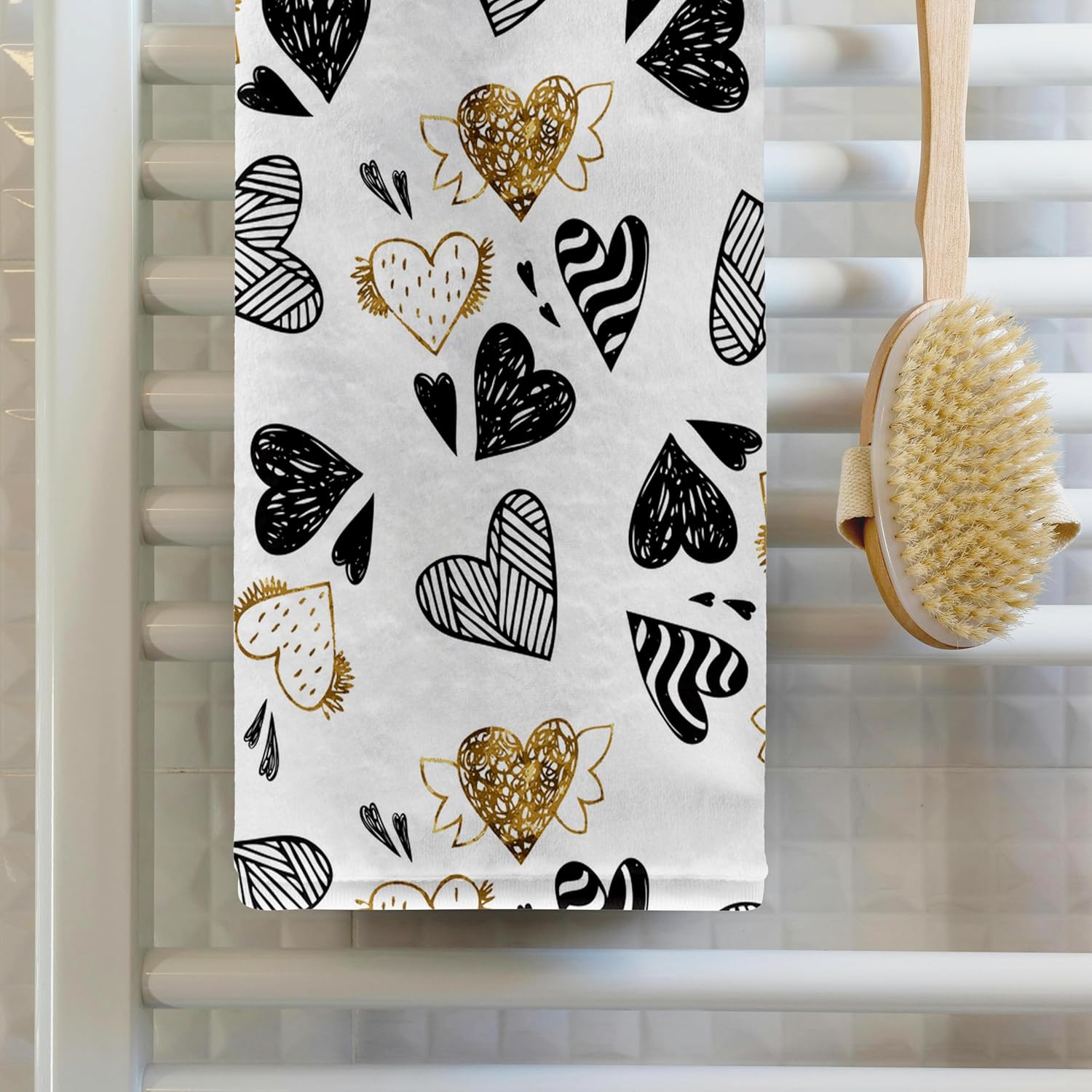 3dRose Image of Gold Hearts and Black Valentines Day- Heart Pattern on White 22x30 Bath Hand Pool Towel
