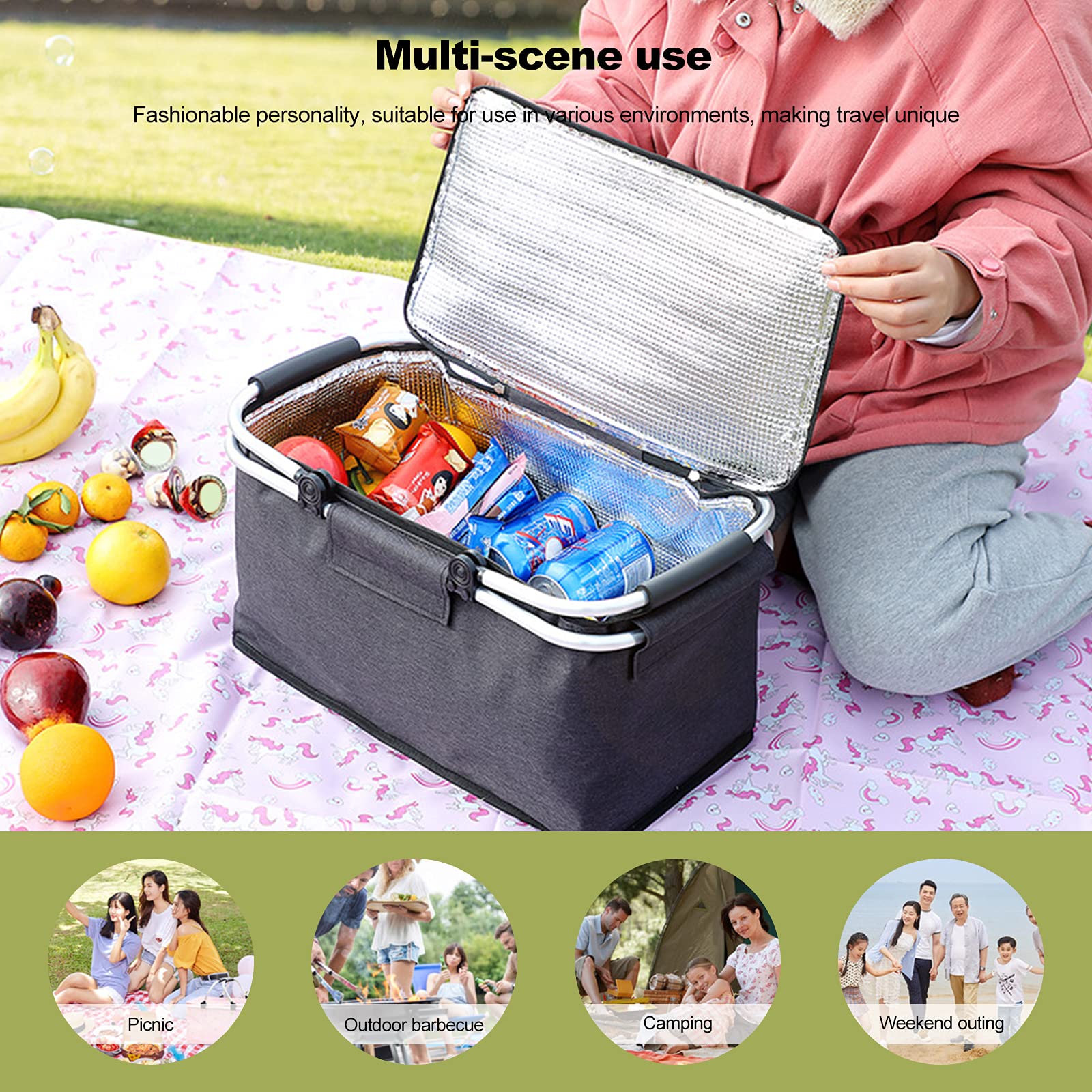Ergocar Kühltaschen mit Verdicktem Futter, Picknicktasche Lunchtasche Thermotasche Faltbar Cooler Bag für Picknick BBQ Arbeit Reisen Familien Outdoor Aktivität Wasserdicht Schmutz-beständig