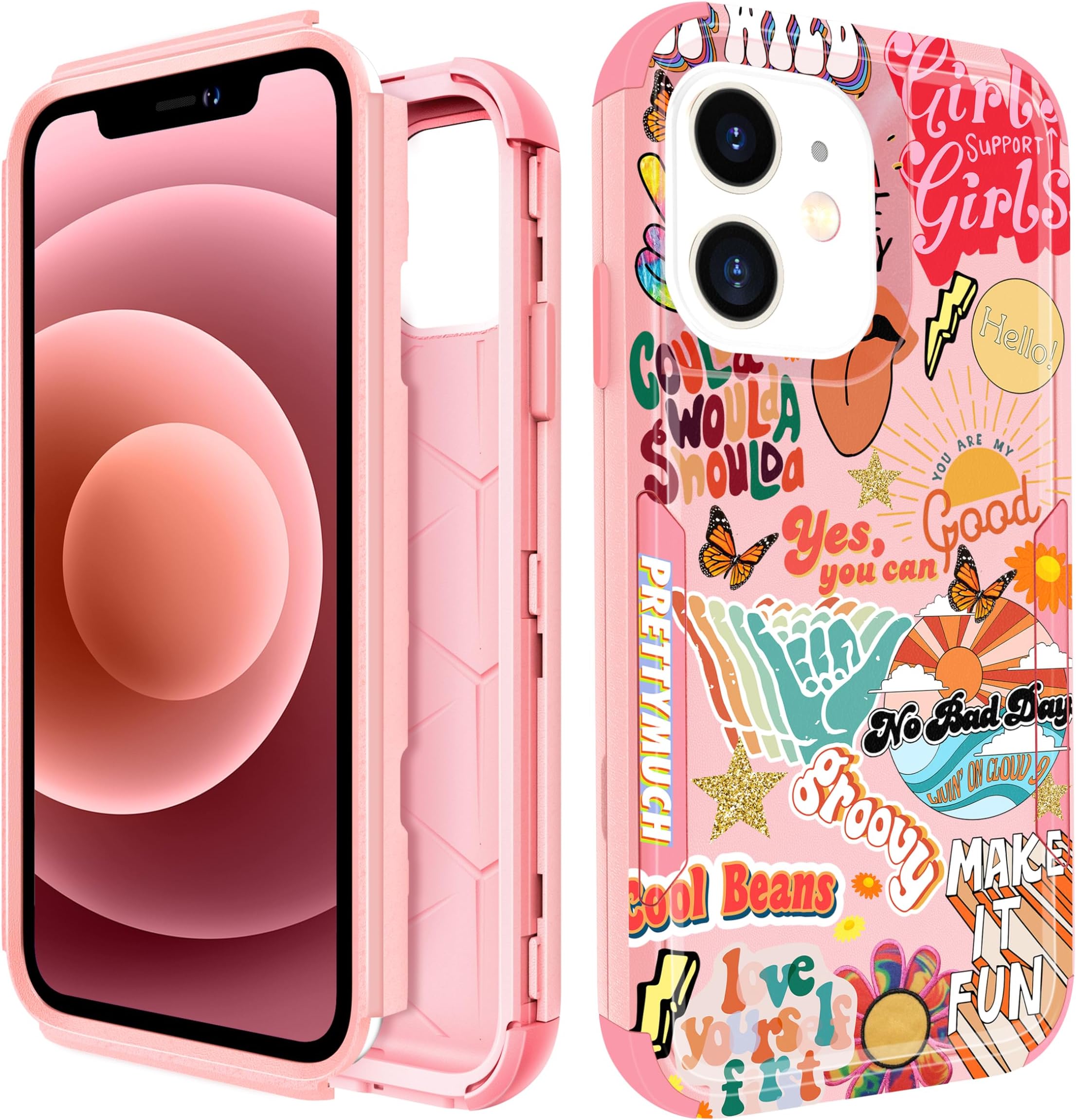 Pegmode for iPhone 12 Case - Heavy Duty 3 in 1 Protective Designer Collage Cute Cartoon Hard Shockproof Bumper Phone Cases for Apple 12 for Girly Women Men Girls Boys Teens