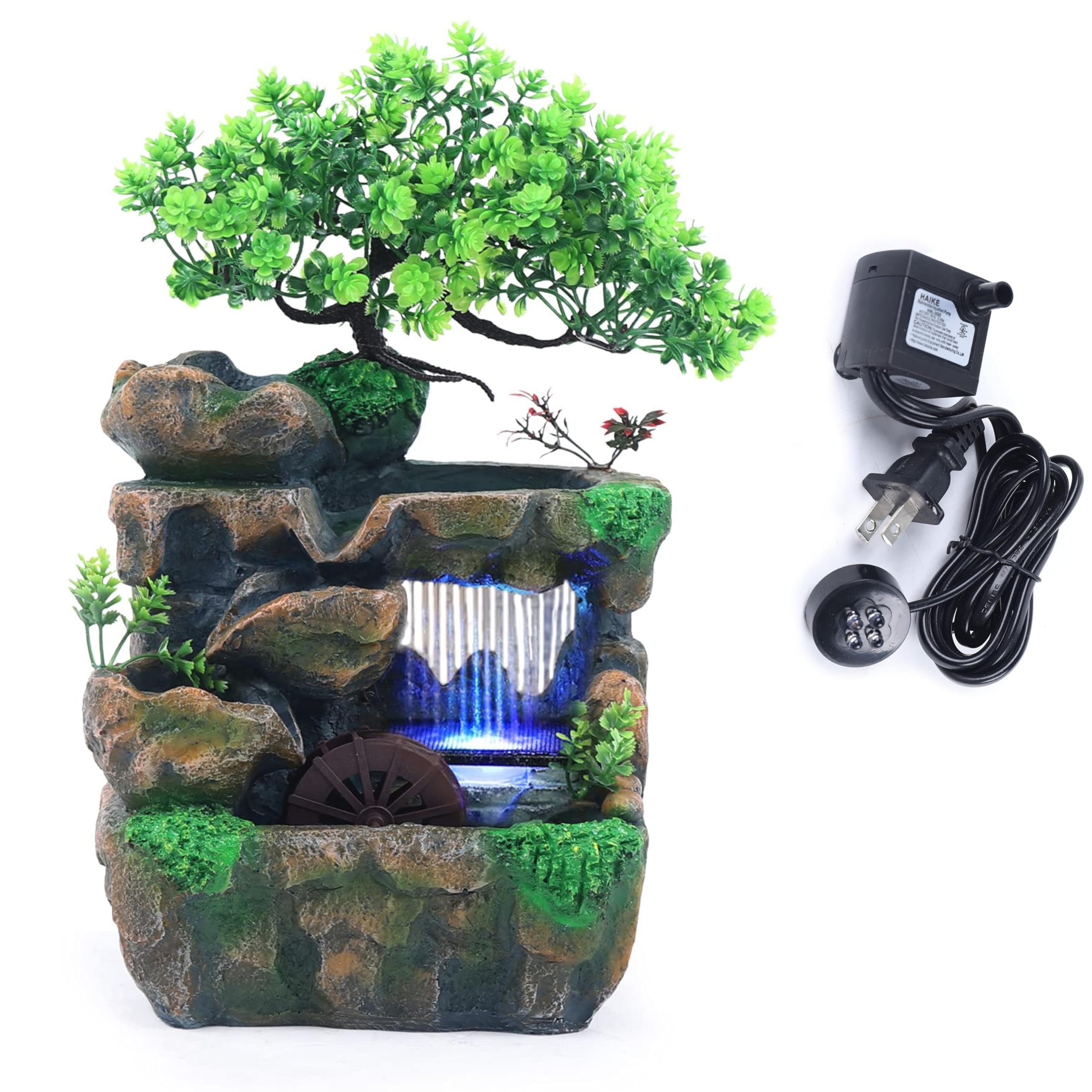 11.81" Tabletop Rockery Fountain Indoor Waterfall Bonsai Desktop Mini Rockery Water Fountain with Automatic Pump and LED Light, Home Office Bedroom Humidifier Desk Decorate