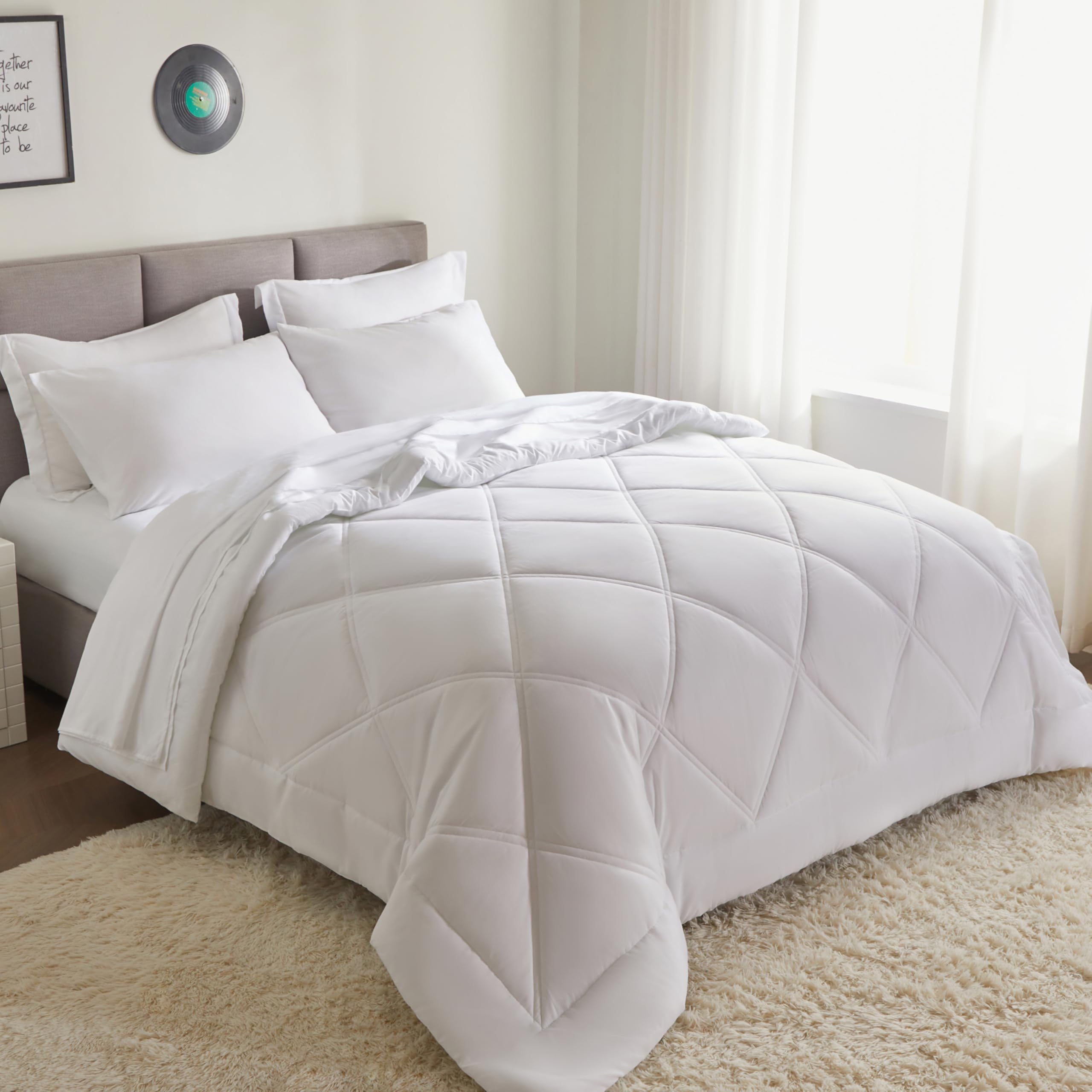 Joiedomi Queen Comforter Set with Sheets White, 7 Pieces Queen Bed Set with 1 Down Alternative Comforter, 1 Flat Sheet, 1 Fitted Sheet, 2 Pillowcases and 2 Pillow Shams, Bed in a Bag for All Seasons