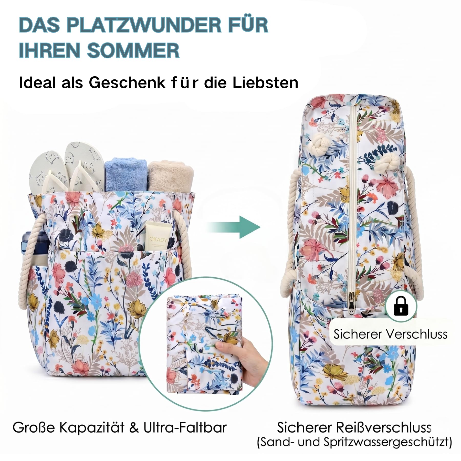 Suweir Strandtasche Groß Badetasche xxl Familie mit Reißverschluss Damen Beach Bag mit Nasstasche Wasserdicht Shopper Tote Bag Saunatasche Schwimmtasche für Strand Schwimmbad Therme Reisen
