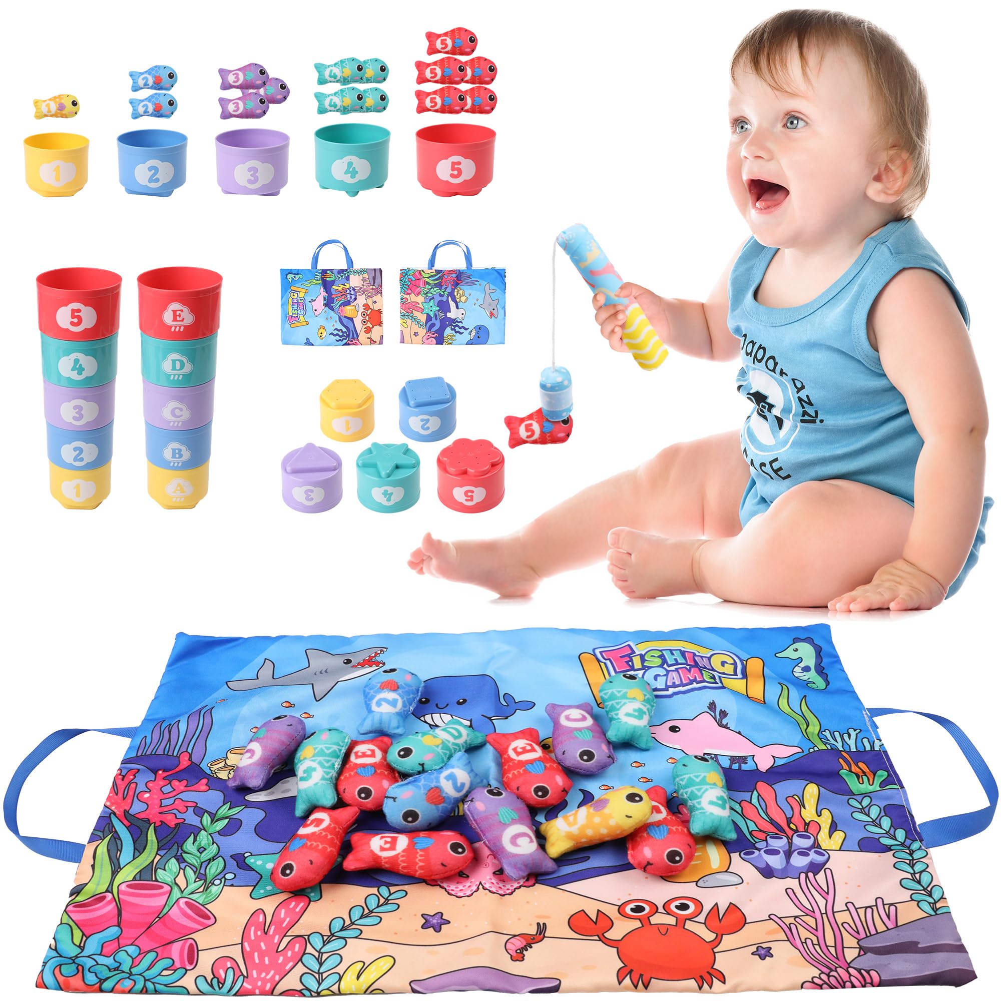 Toddler Toys Montessori Toys for 1-2 Year Old Boy Toys Girl Birthday Gift,Cloth Fishing Game Set Learning Toys for Toddlers 1-3 with Stacking Cups,Number Counting,Color Sorting Baby Toys
