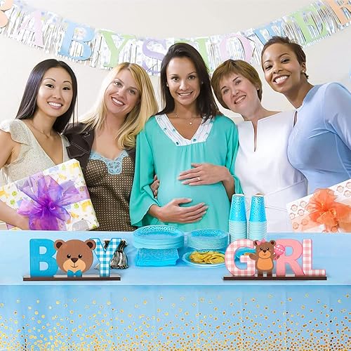 Miniatura 7 de Letrero decorativo de madera de oso de peluche, decoración de revelación de género para niños y niñas, 2 centros de mesa azul/rosa para él/ella,