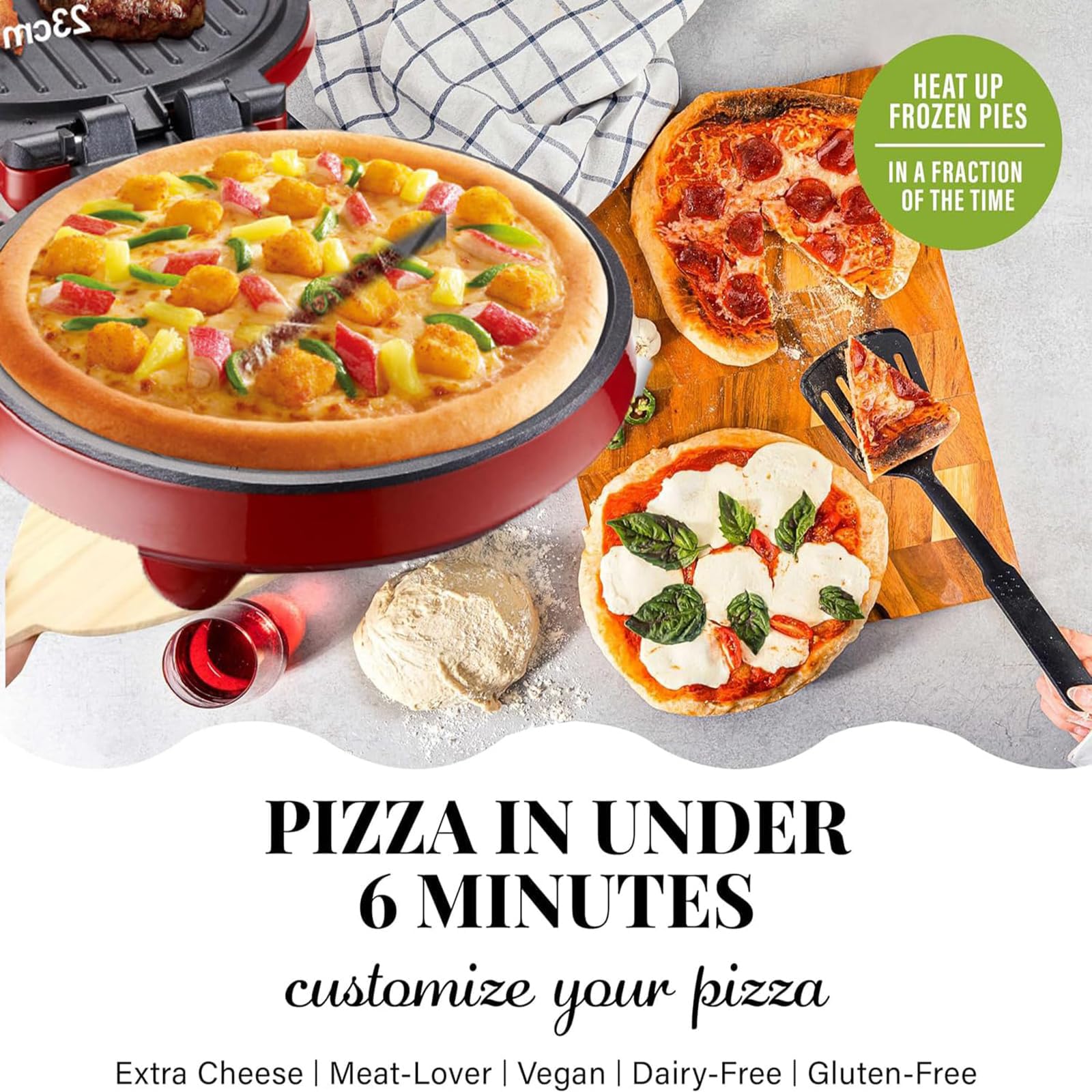 Machine À Pizza Électrique De Comptoir 25 Cm, Chauffage/cuisson Uniforme Des Deux Côtés, Plaque Chauffante Antiadhésive, Ouverture À 180 Degrés, Pour Pizzas, Steaks, 2 À 3 Personnes,Red