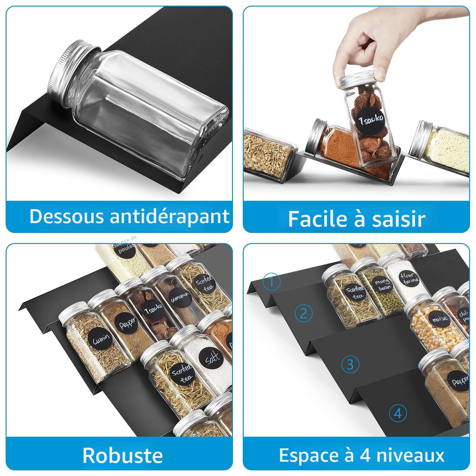 étagère épices Étagère à épices En Bambou STELLSTAR - 3 Niveaux, Rangement Comptoir Ou Mural, Design Noyer Support épices Comptoir