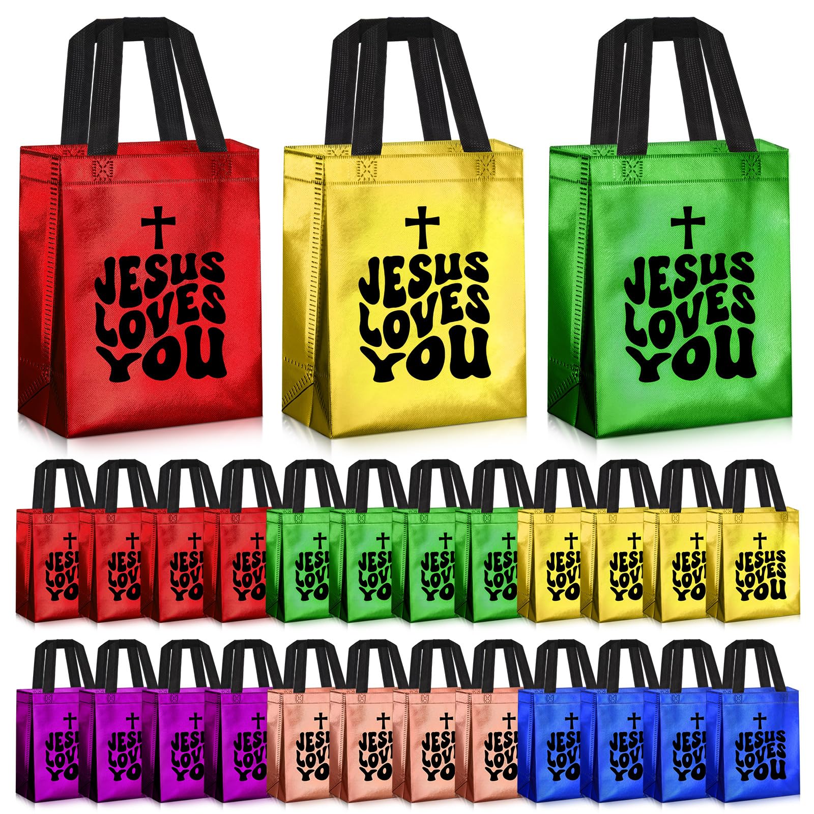 Sweetude 24 Pcs Christian Easter Gift Bags Bulk Non Woven Jesus Loves You Bags 7.87 x 10.24 x 3.94 in Colorful Religious Church Gift