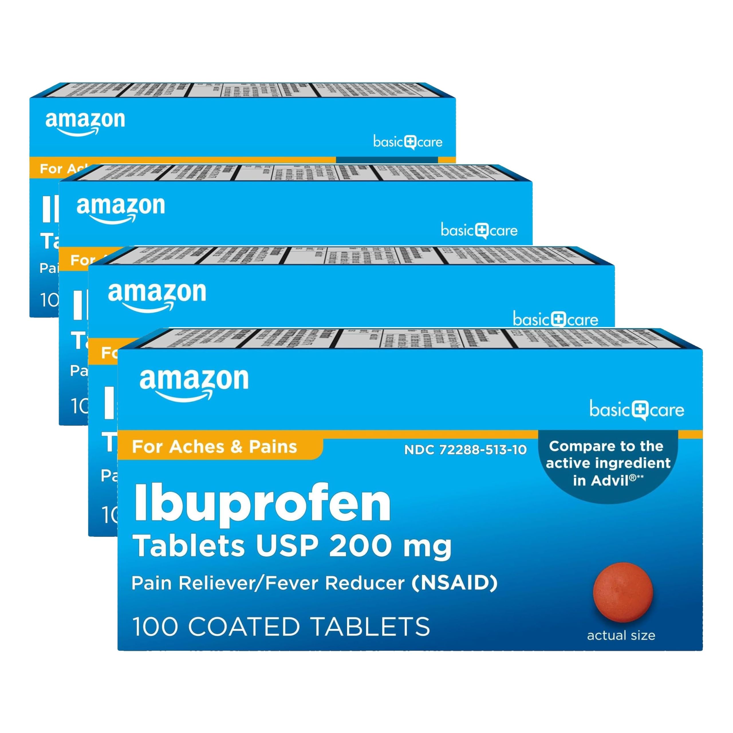Amazon Basic Care Ibuprofen Tablets 200 mg, Pain Reliever/Fever Reducer, 100 Count (Packaging May Vary) (Pack of 4)