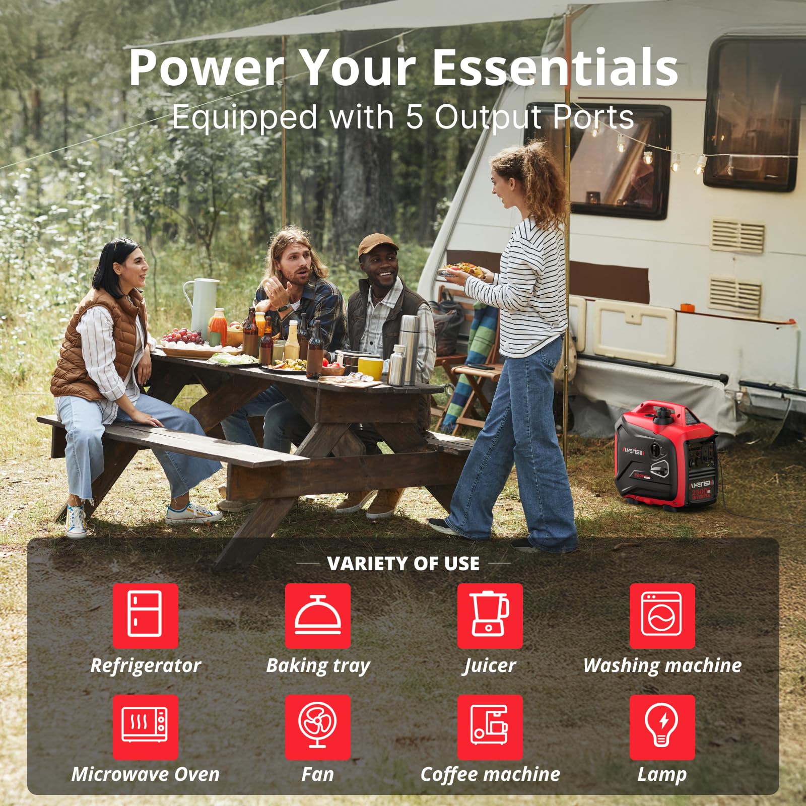 AMERISUN 2500-Watt Gas Powered Portable Inverter Generator, CO Sensor, Super Quiet for Home Backup, Emergency, Camping, EPA Compliant 2025 Version