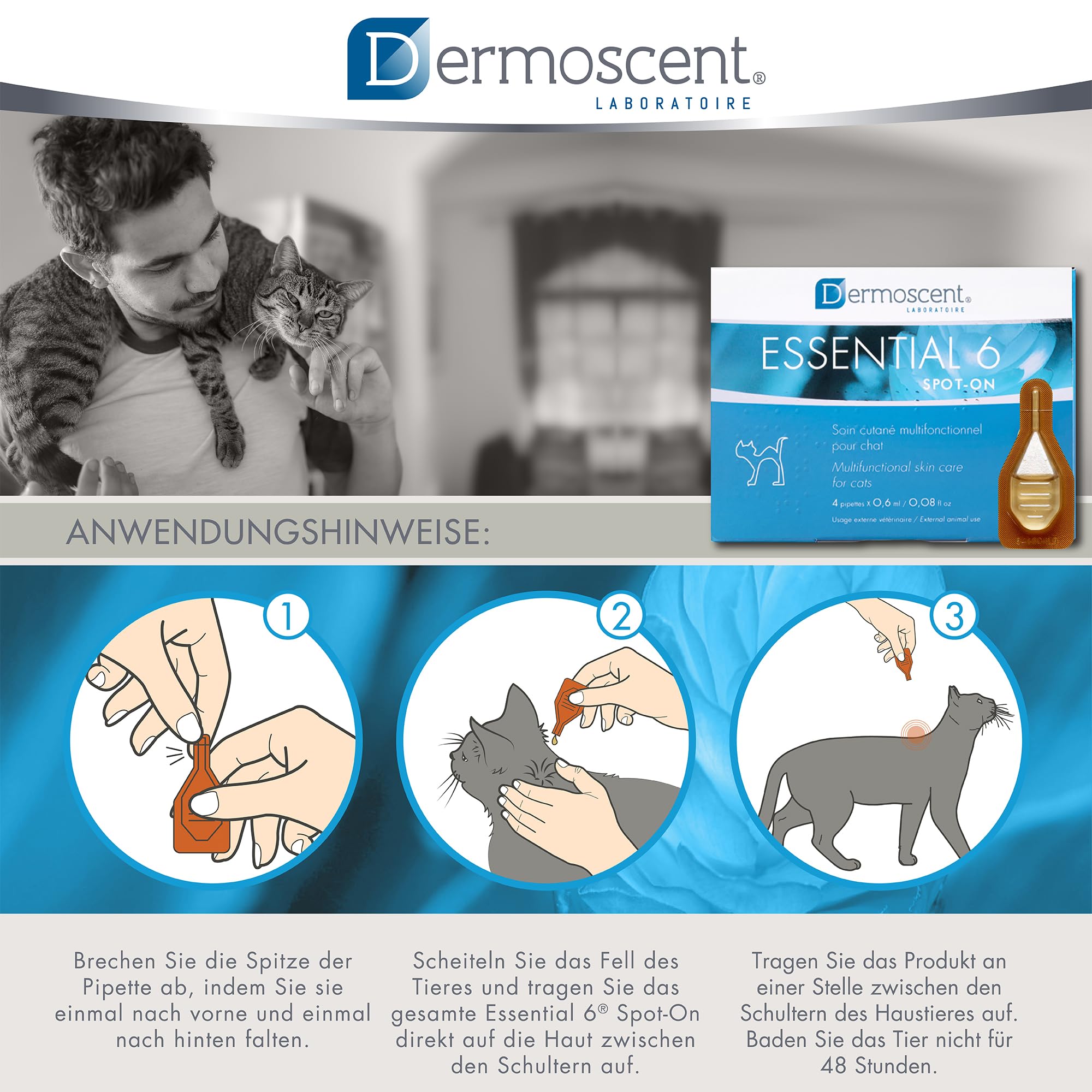 Essential 6 Spot-On | Innovatives Hautpflegeprodukt für Katzen | Hält die Haut feucht, das Fell glänzend, kontrolliert den Haarausfall, reduziert Gerüche und schützt mit natürlichen Inhaltsstoffen