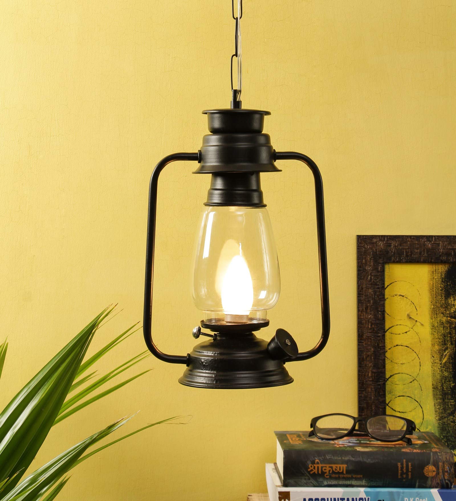 Devansh Black Clear Glass Lantern Hanging (Black)