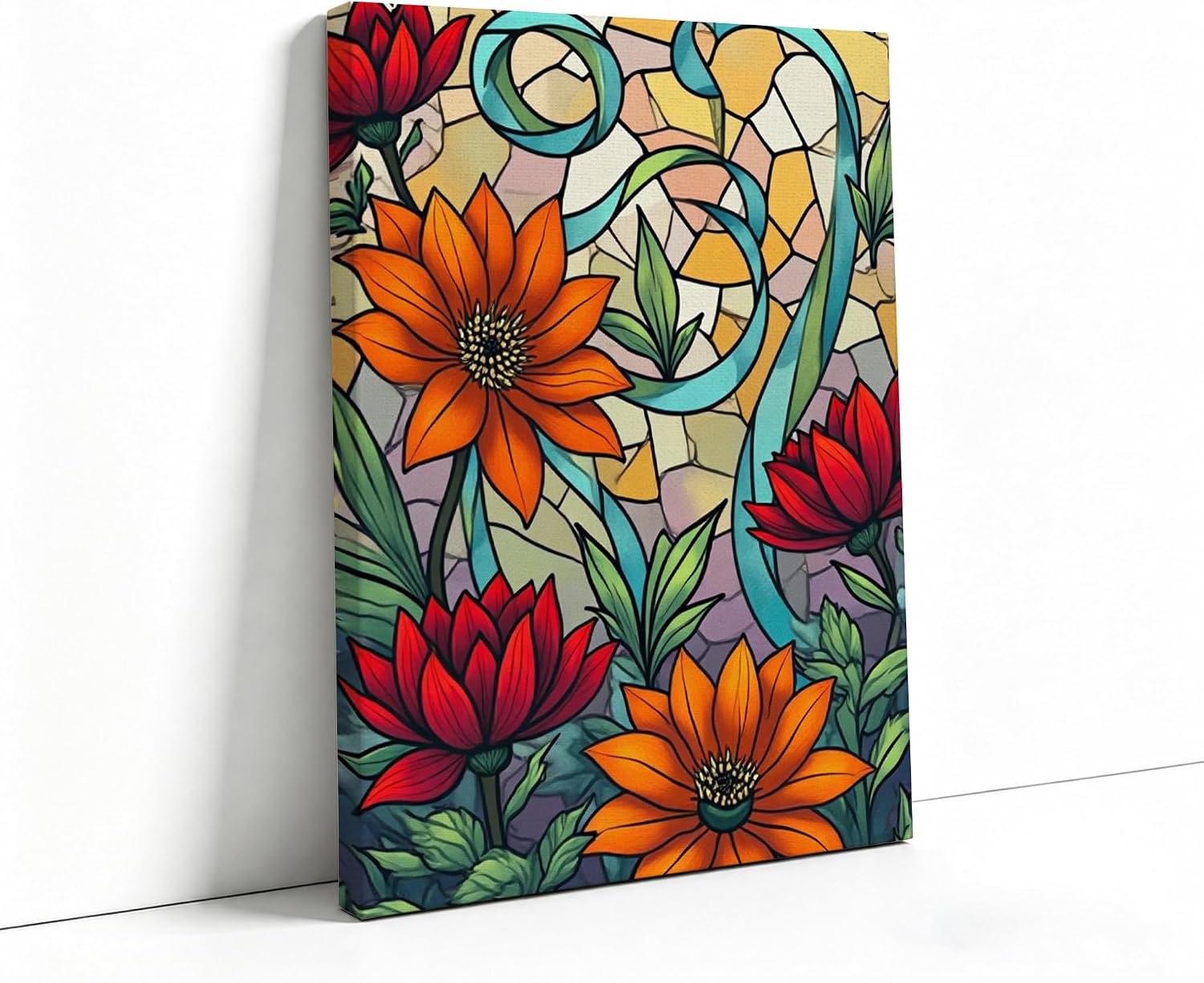 Canvas Wall Art for Bedroom Vibrant Stained Glass Floral Print (20*30in)