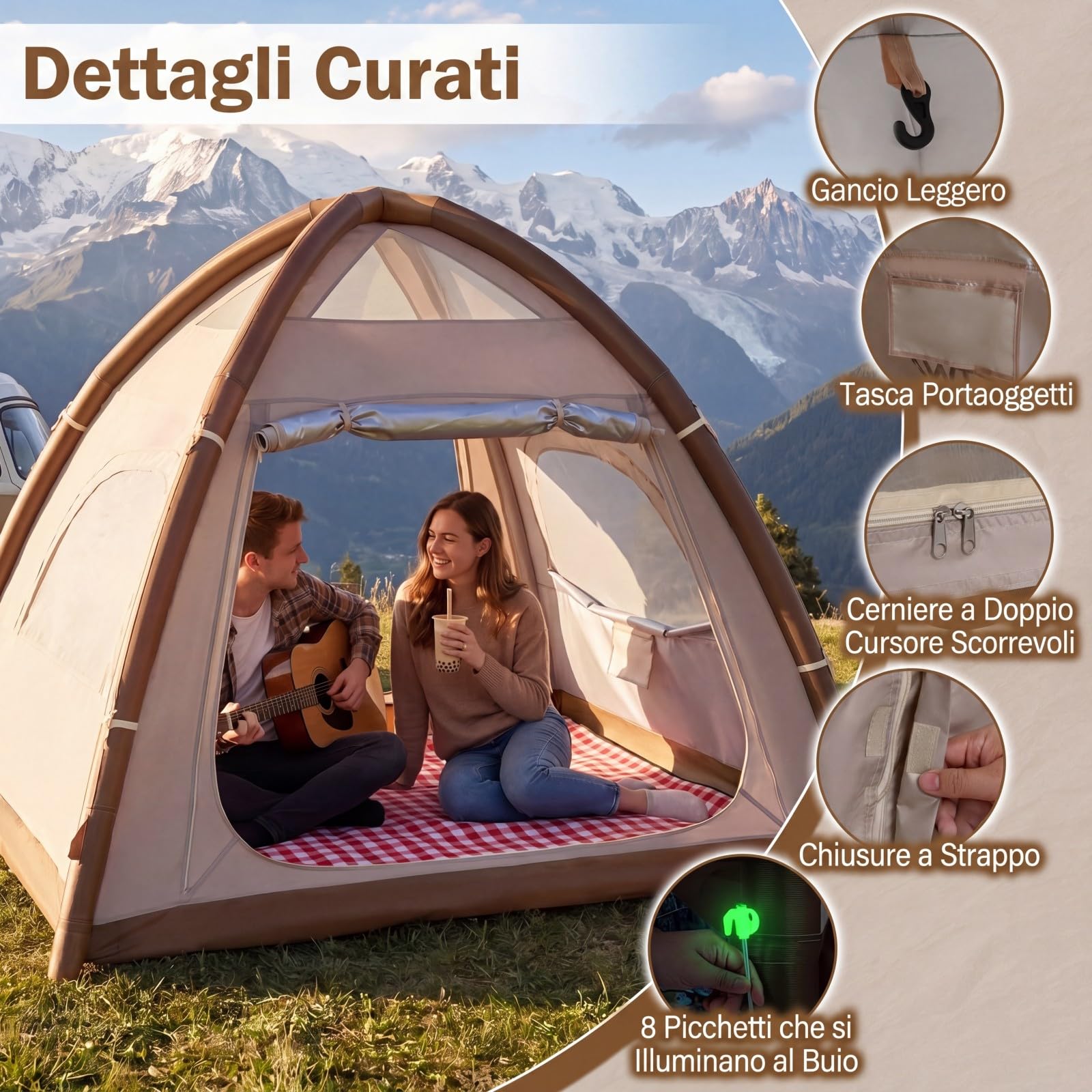 COSTWAY Tenda da Campeggio Gonfiabile per 4 Persone, Tenda da Spiaggia con Poma, 2 Porte, Lucernario e Finestre, in Tessuto Impermeabile, con Copertura Rimovibile e Borsa, 208 x 208 x 196 cm