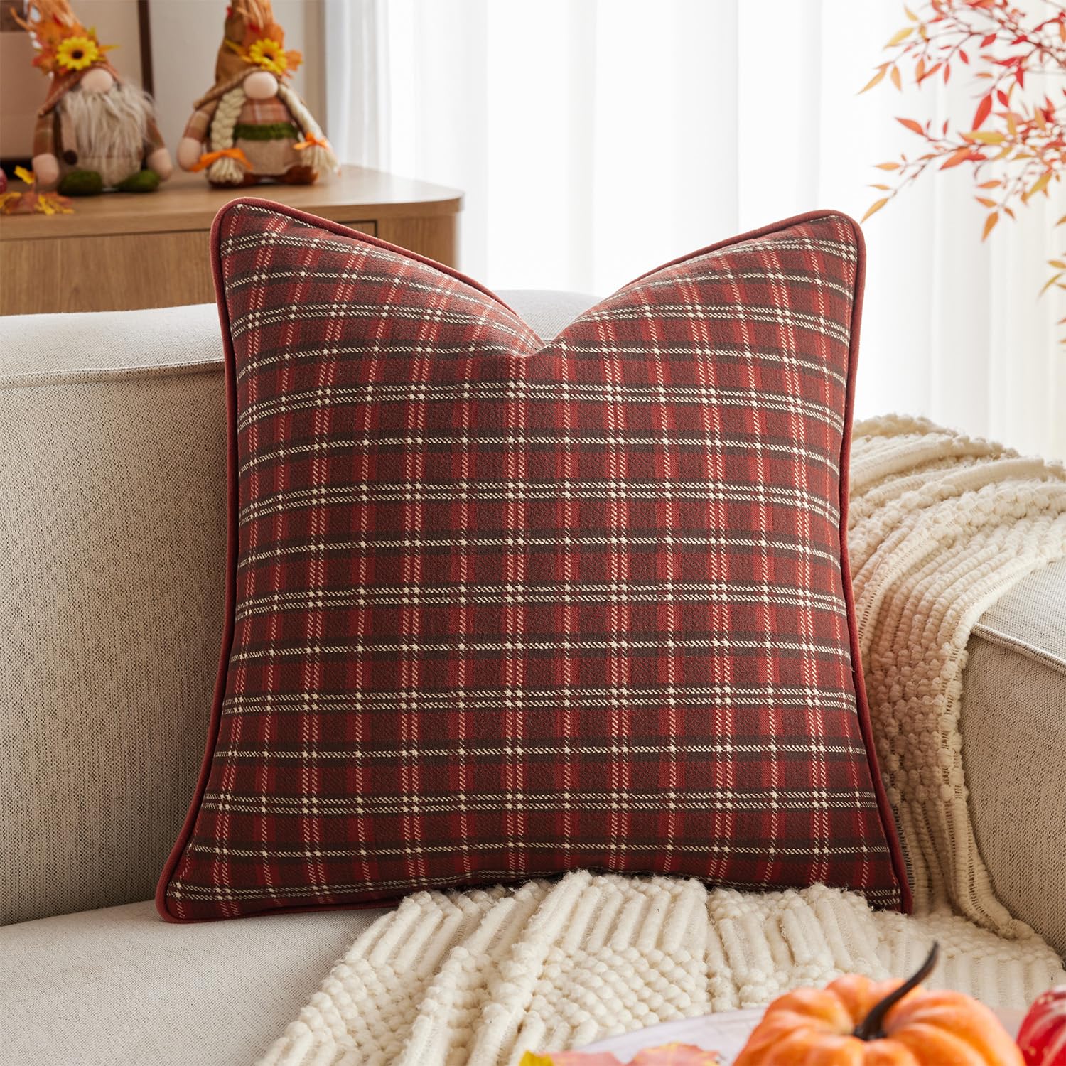 Kevin Textile Cozy Plaid Throw Pillow Covers 45x45cm Set of 1, Soft & Thick Vintage Autumn Farmhouse Decorative Cushion Covers for Couch Sofa Living Room, Brick Red