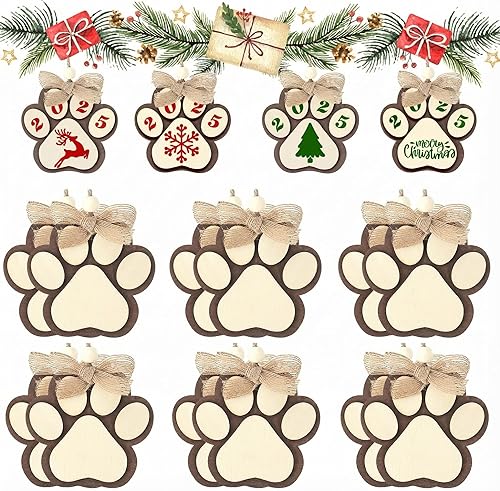 12 adornos de Navidad para perro, árbol de Navidad, adornos de pata de perro, bonitos recortes de madera de 2 capas con estampado de patas,