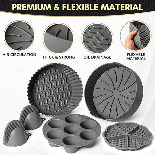 Miniatura 3 de EM Paquete de 5 forros de silicona para freidora de aire, incluye guantes de silicona, bandeja para mordeduras de huevo, molde para gofres, forros